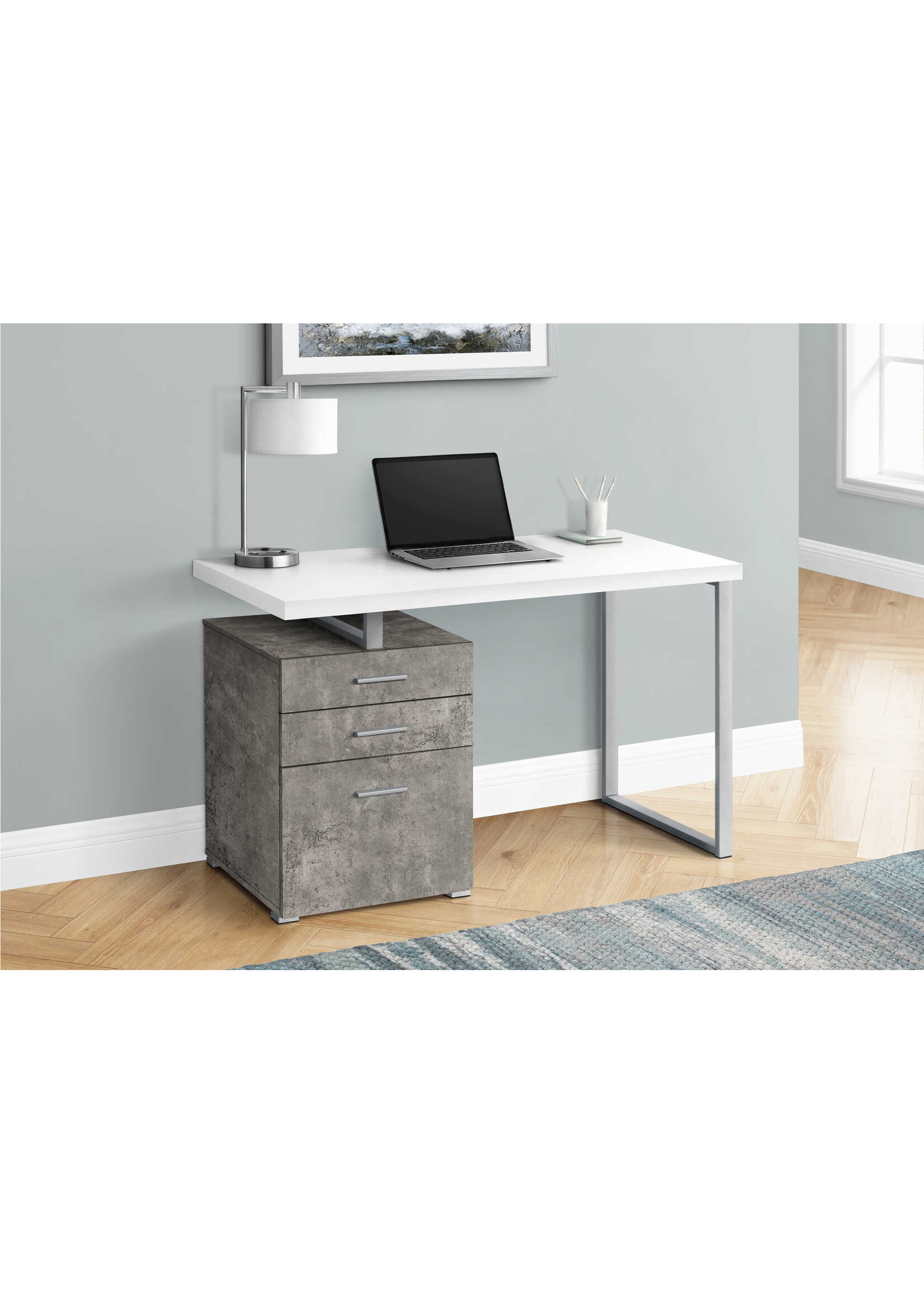 BUREAU - 48"L / BLANC / SIMILI-CIMENT/ METAL ARGENT COTE DROIT OU GAUCHE