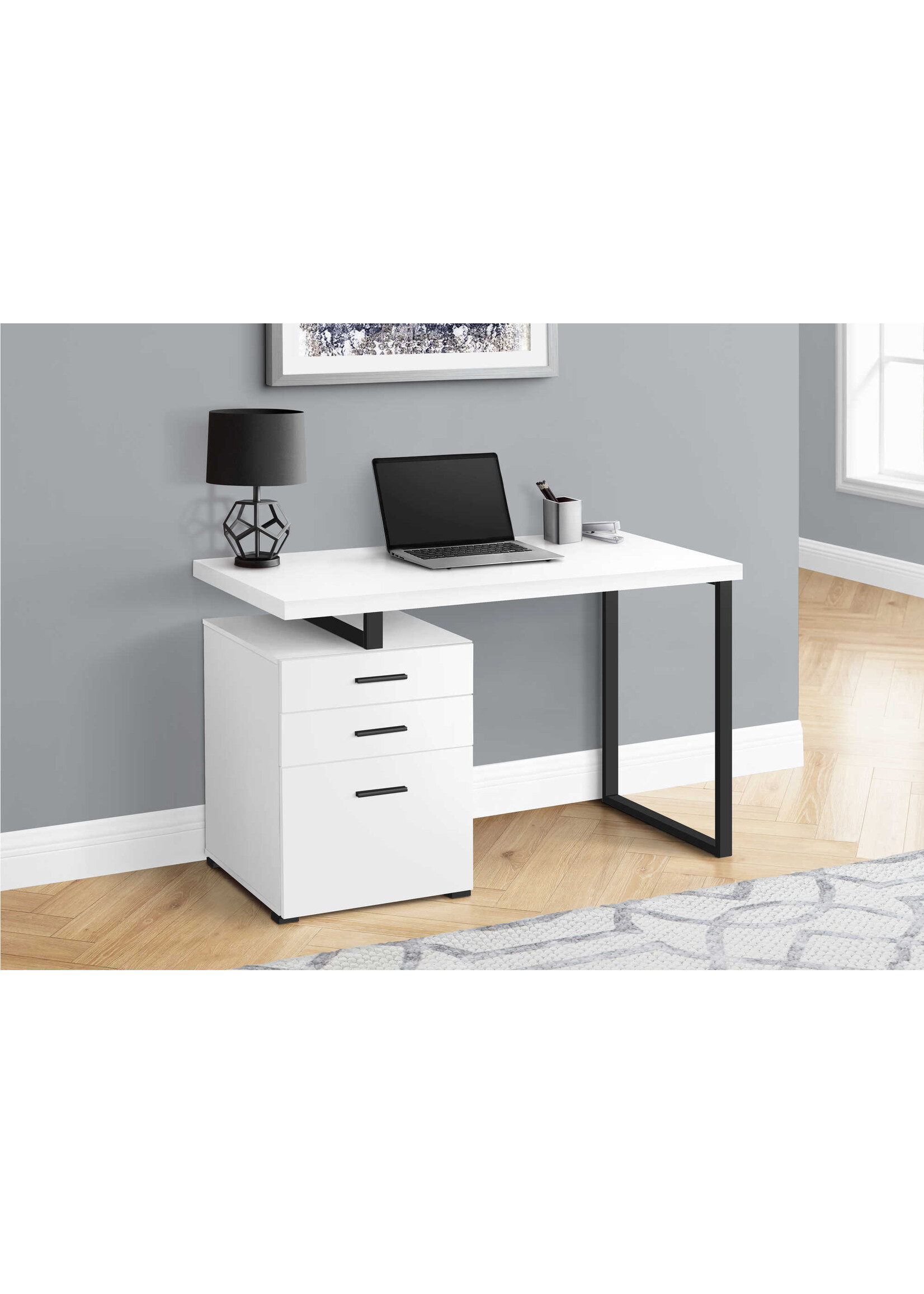 BUREAU - 48"L / BLANC / METAL NOIR   COTE DROIT OU GAUCHE