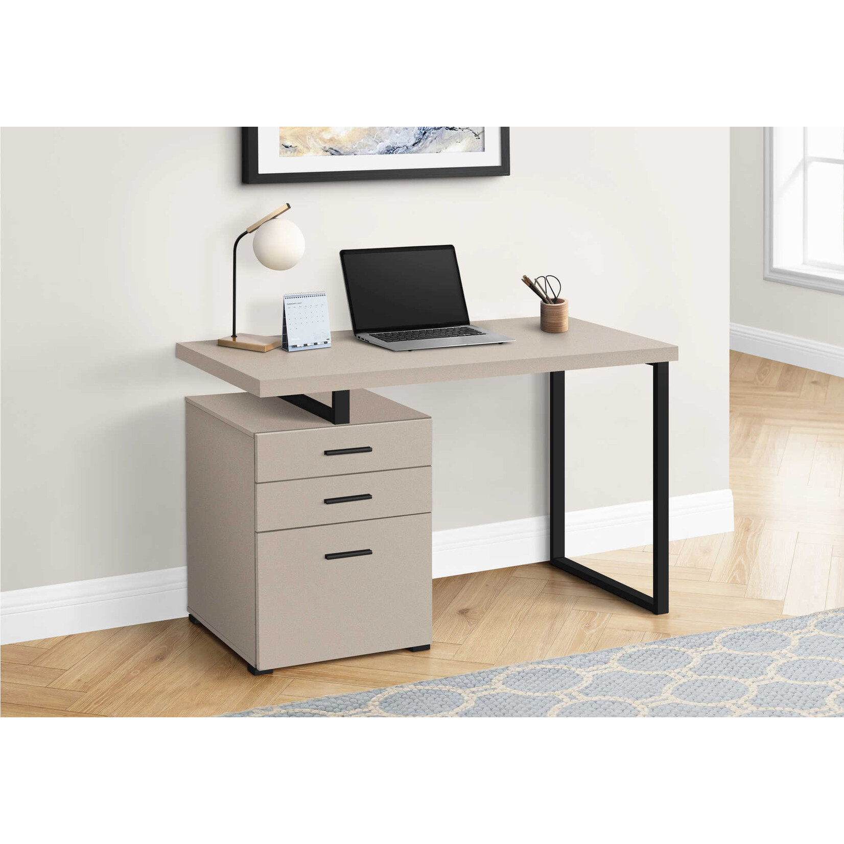 COMPUTER DESK - 48"L / MODERN TAUPE / BLACK METAL  FACING / L/R