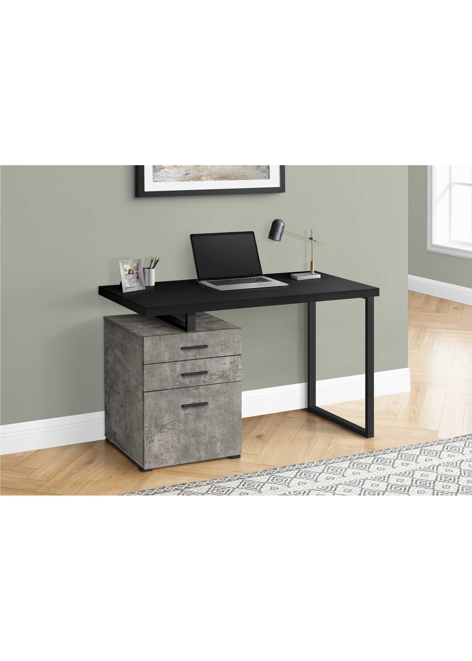 BUREAU - 48"L / NOIR / SIMILI-CIMENT / METAL NOIR COTE DROIT OU GAUCHE