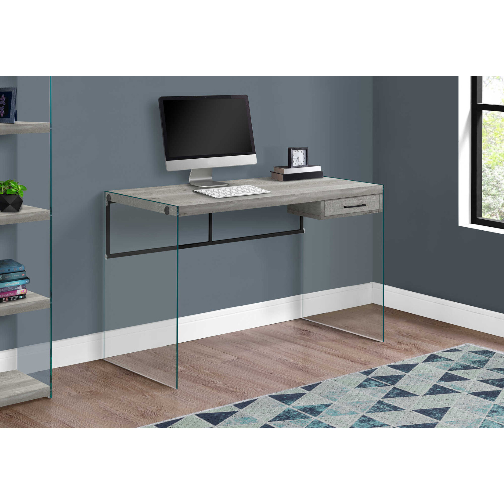 BUREAU - 48"L / FAUX BOIS GRIS / VERRE TREMPE