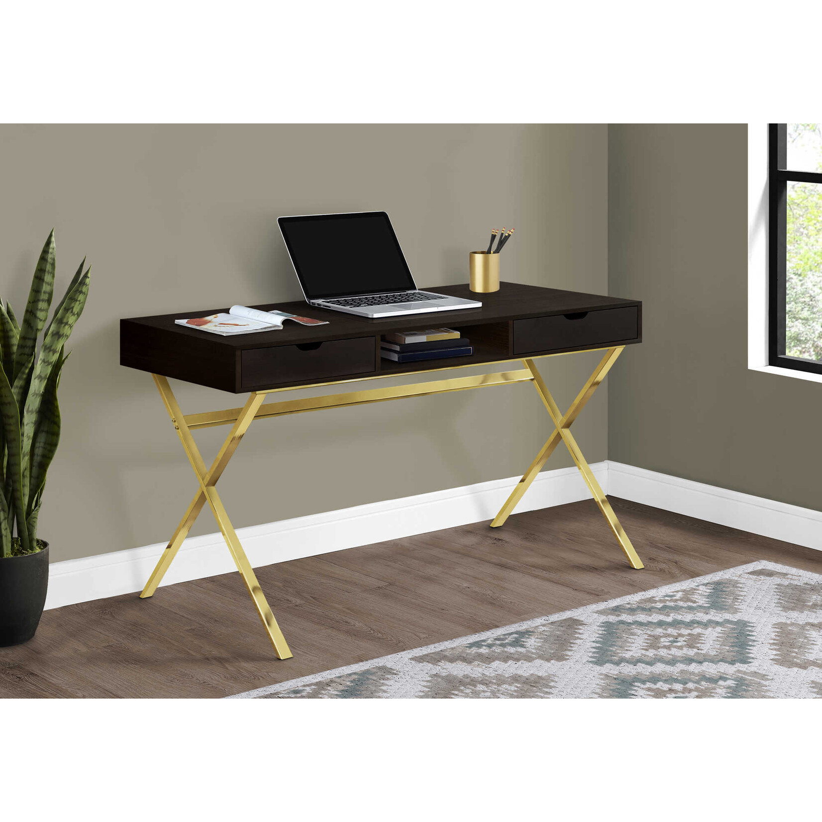 COMPUTER DESK - 48"L / ESPRESSO / GOLD METAL