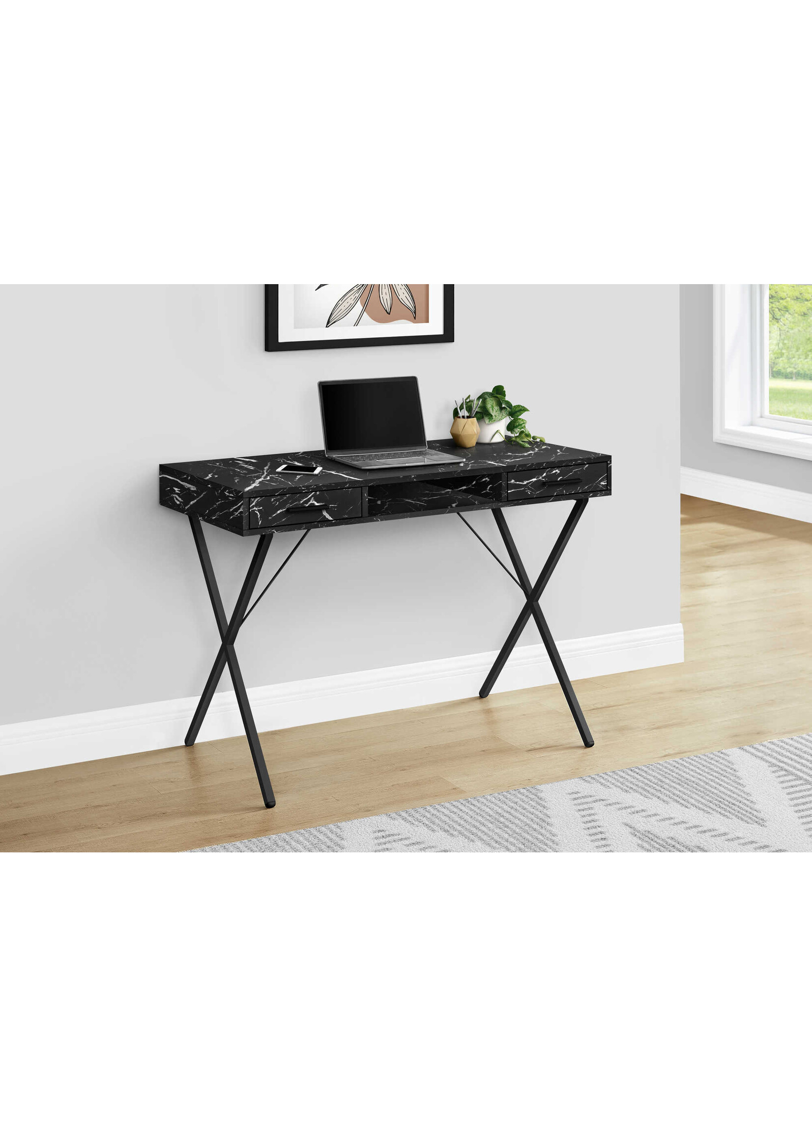 COMPUTER DESK - 42"L / BLACK MARBLE / BLACK METAL