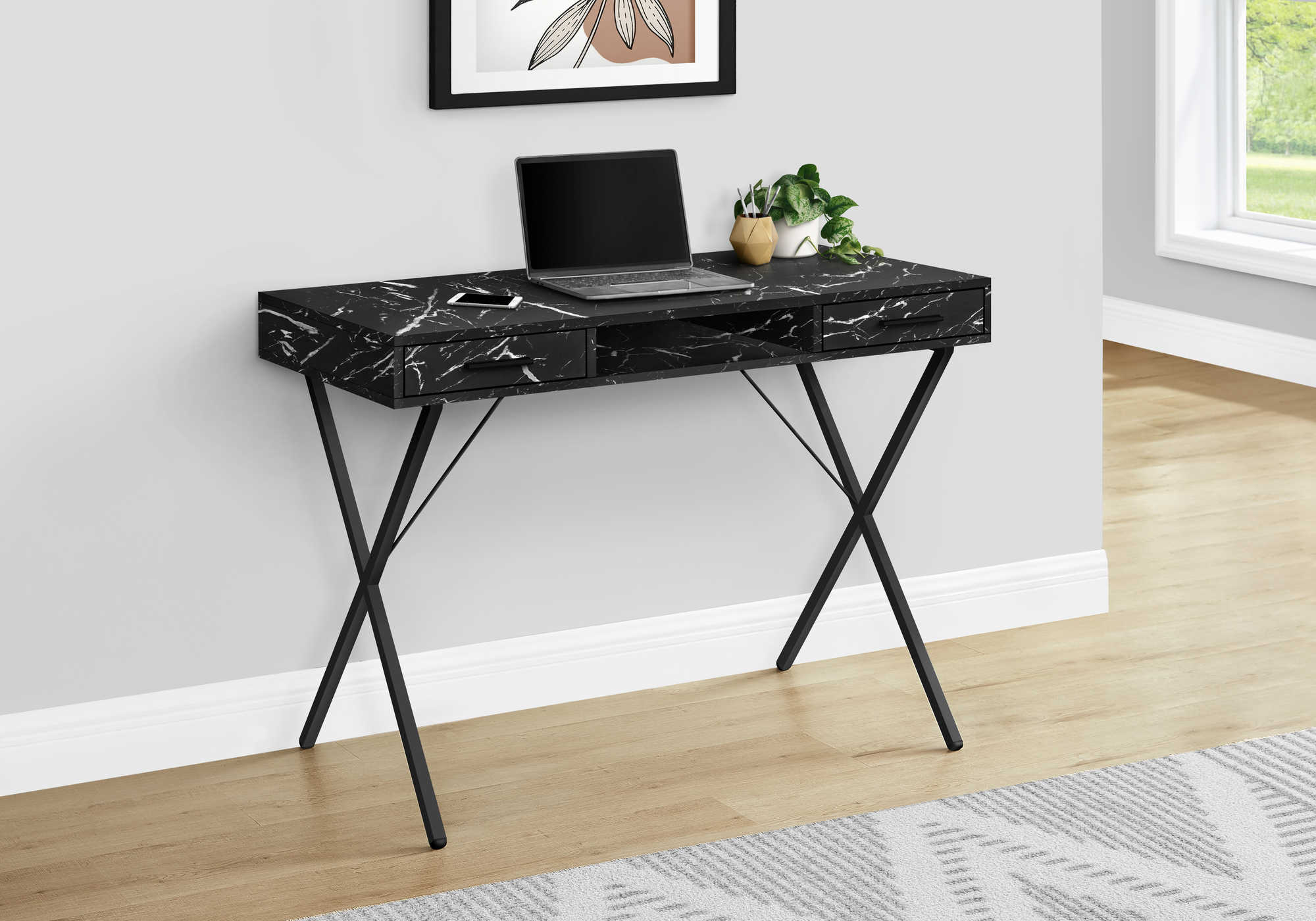 COMPUTER DESK - 42"L / BLACK MARBLE / BLACK METAL - MAISON CAPLAN