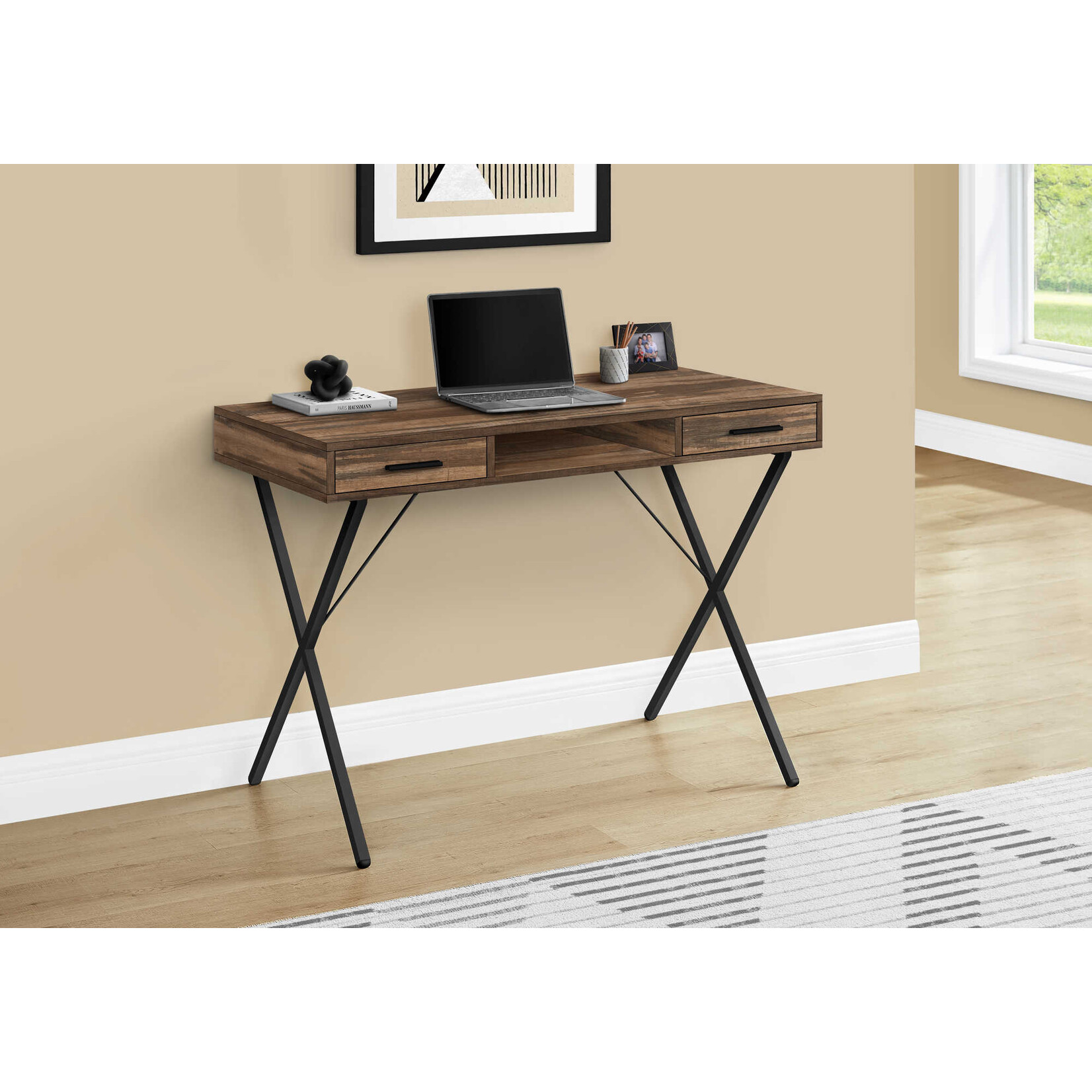 BUREAU - 42"L / FAUX BOIS BRUN / METAL NOIR