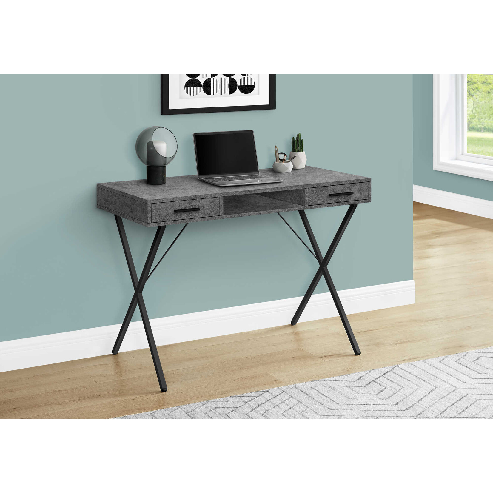 COMPUTER DESK - 42"L / GREY STONE-LOOK / BLACK METAL