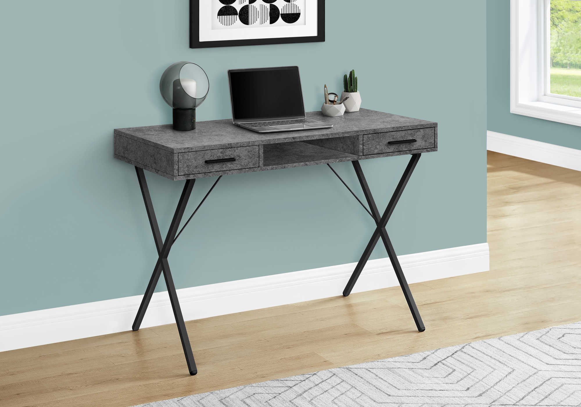 COMPUTER DESK 42L GREY STONE LOOK BLACK METAL MAISON CAPLAN   Image 