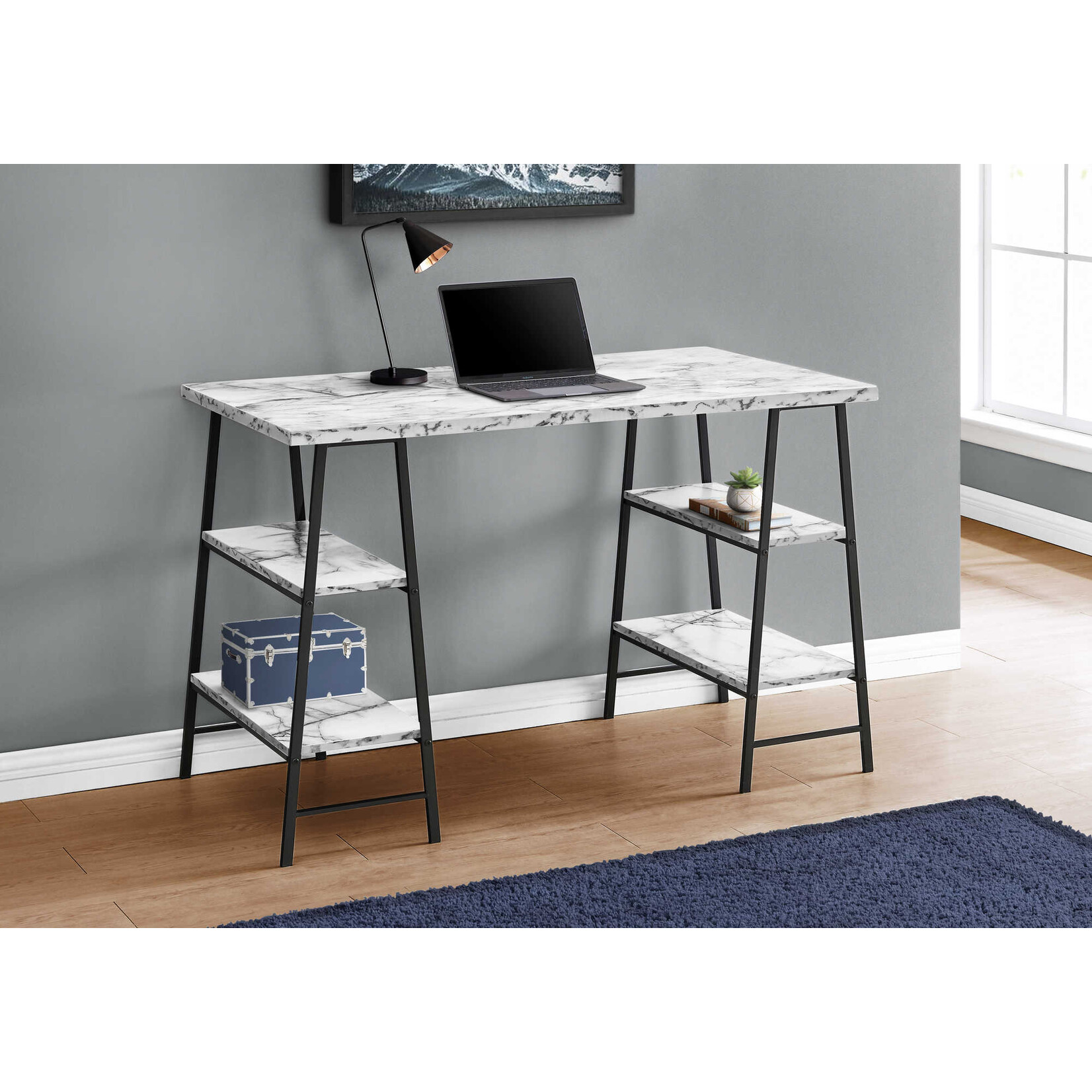 COMPUTER DESK - 48"L / WHITE MARBLE-LOOK / BLACK METAL