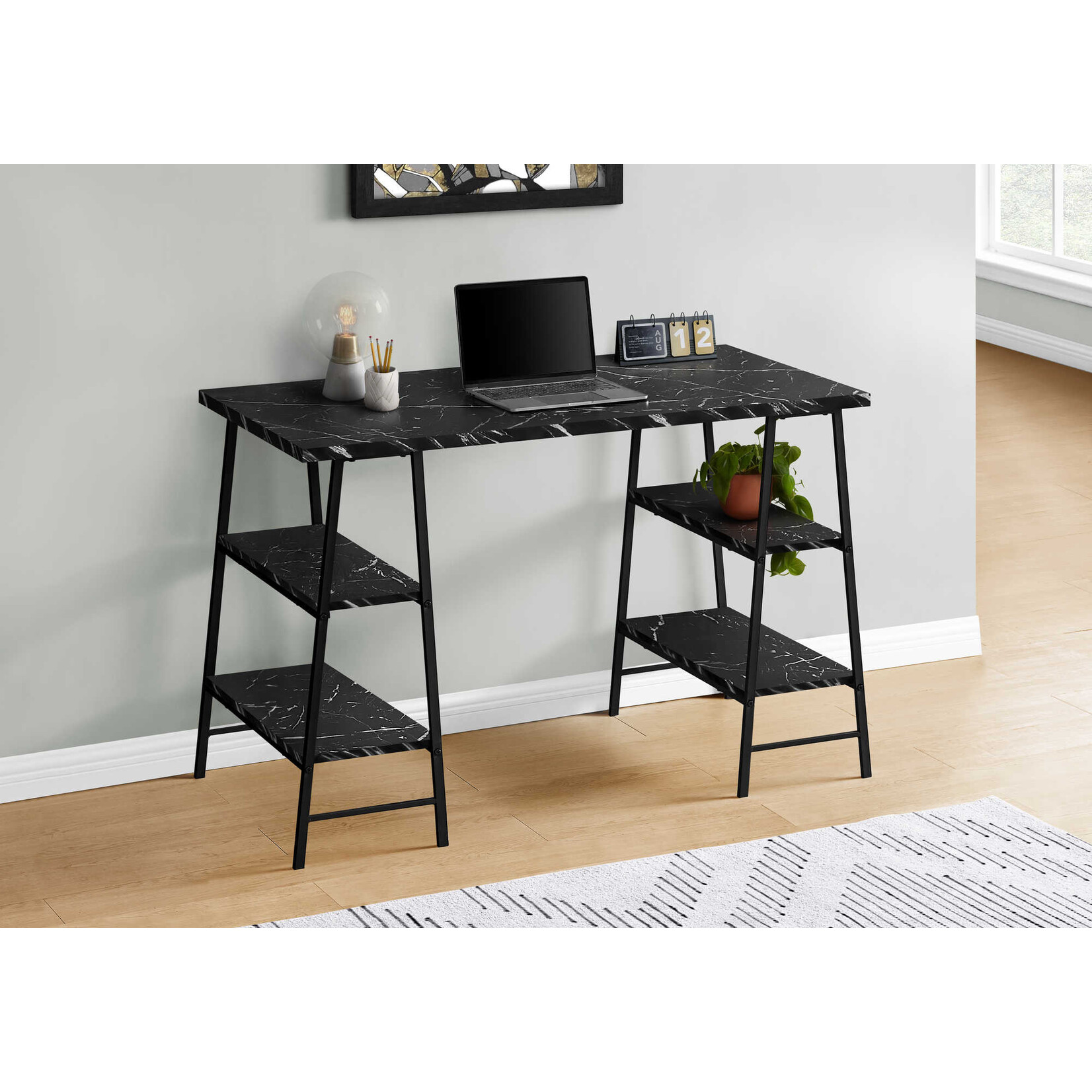 BUREAU - 48"L / FAUX MARBRE NOIR / METAL NOIR