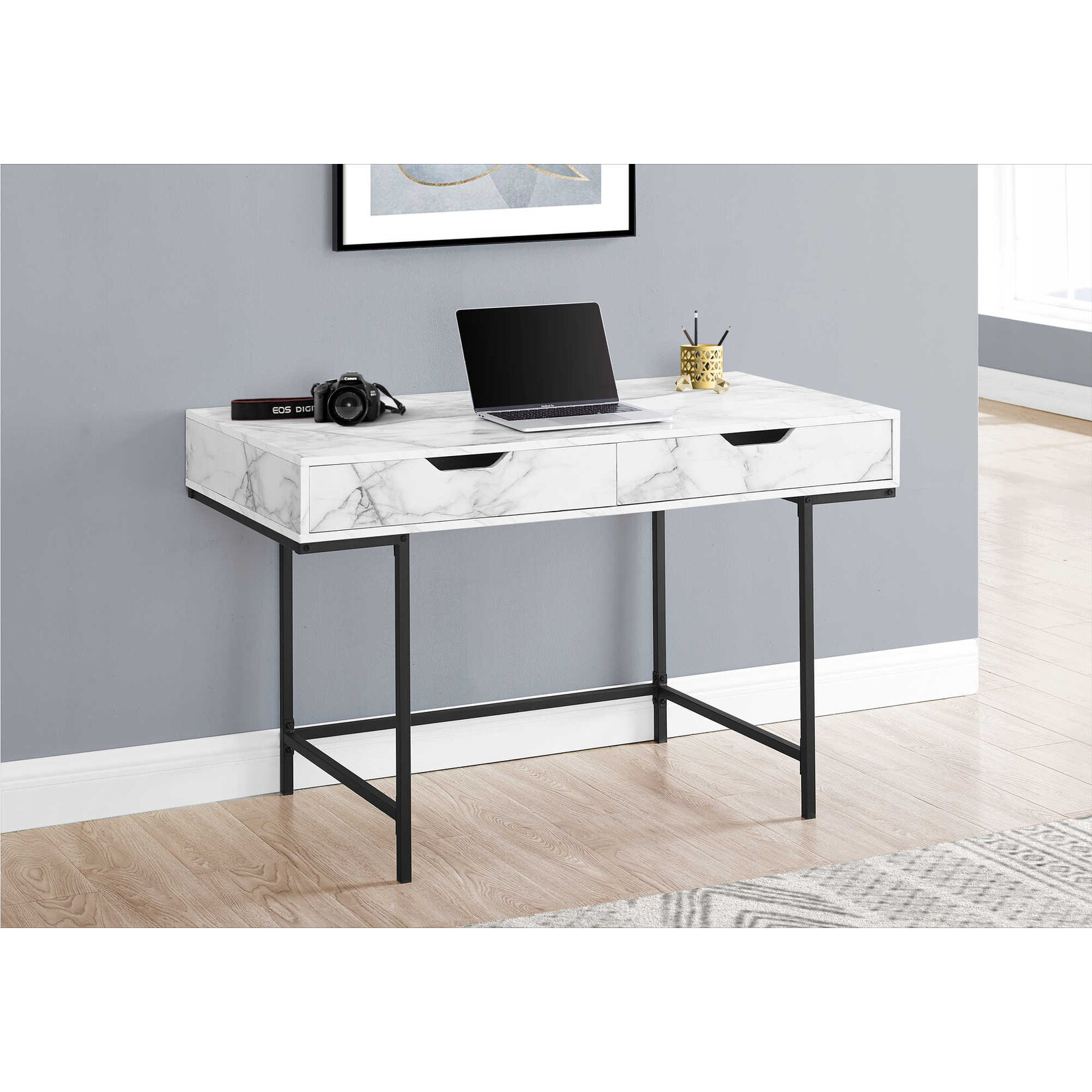 COMPUTER DESK - 48"L / WHITE MARBLE-LOOK / BLACK METAL