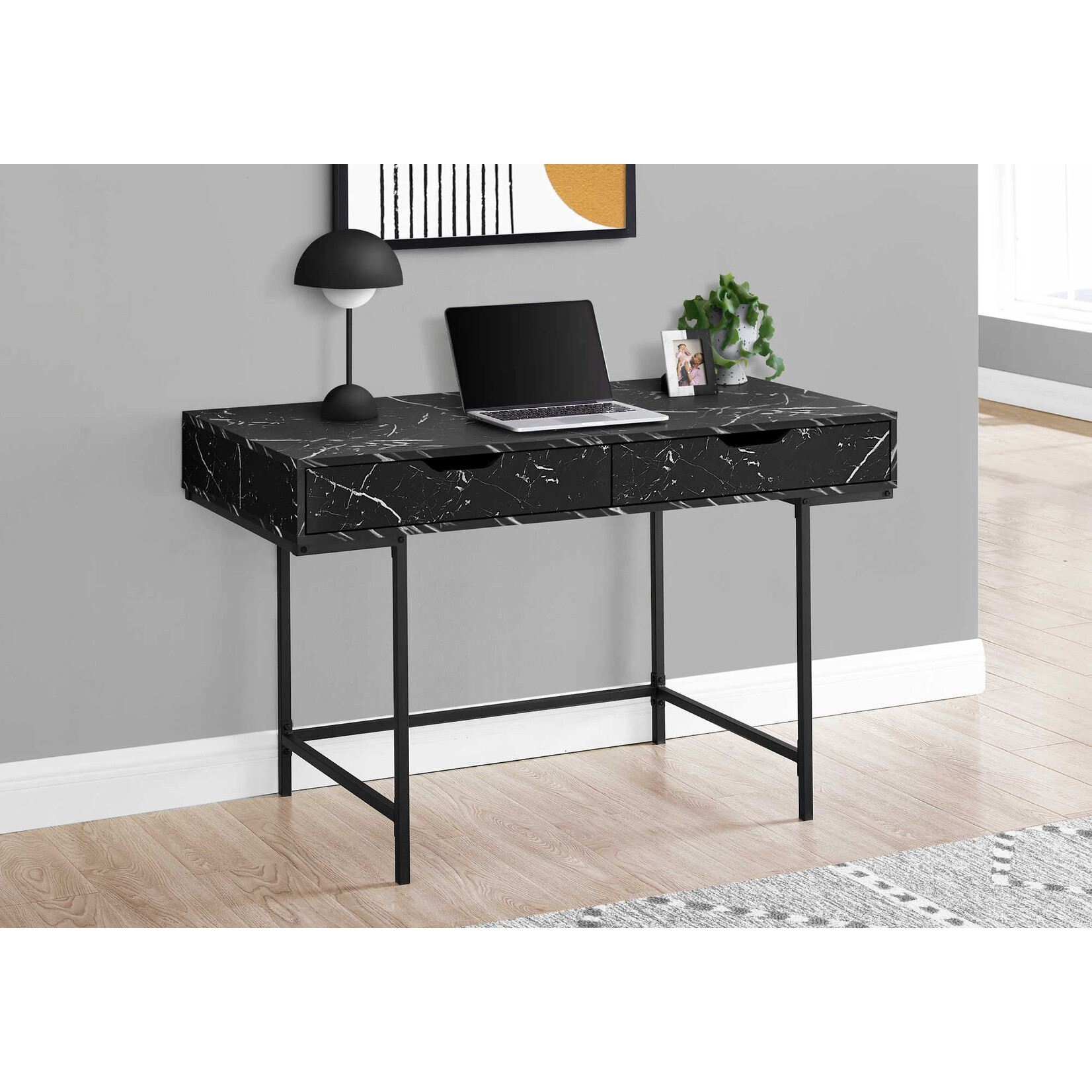 COMPUTER DESK - 48"L / BLACK MARBLE-LOOK / BLACK METAL