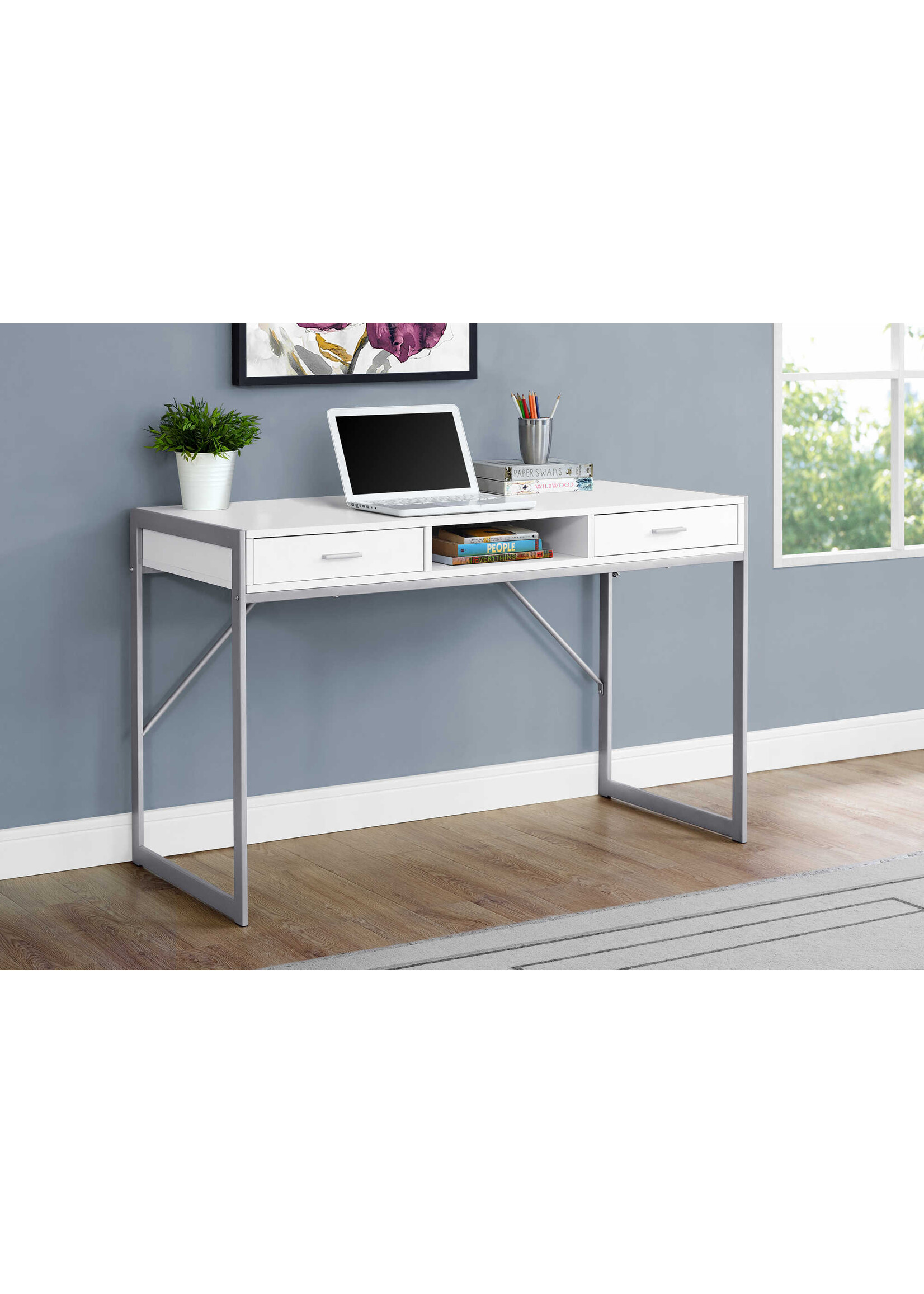 BUREAU - 48"L / BLANC / METAL ARGENT