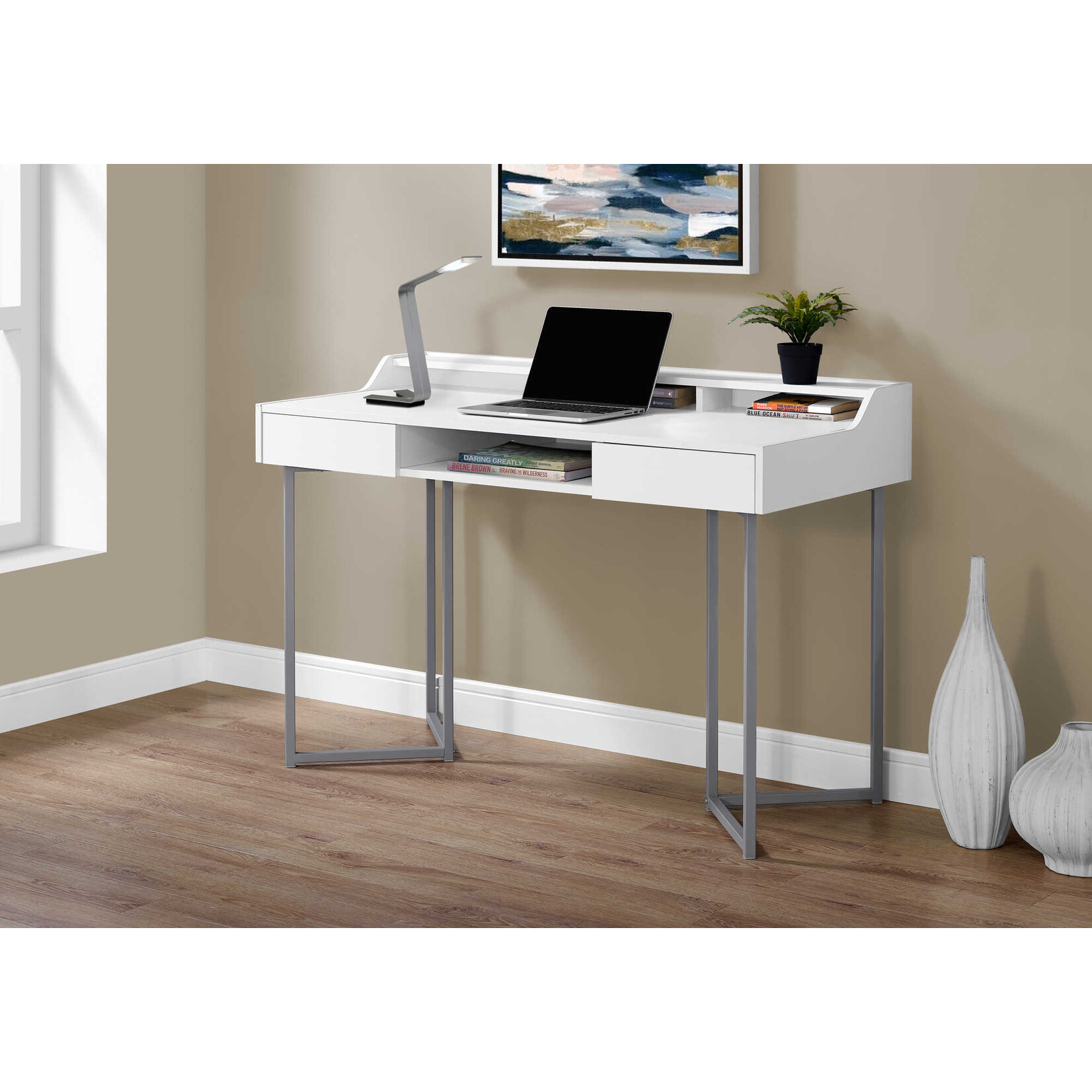 BUREAU - 48"L / BLANC / METAL ARGENT