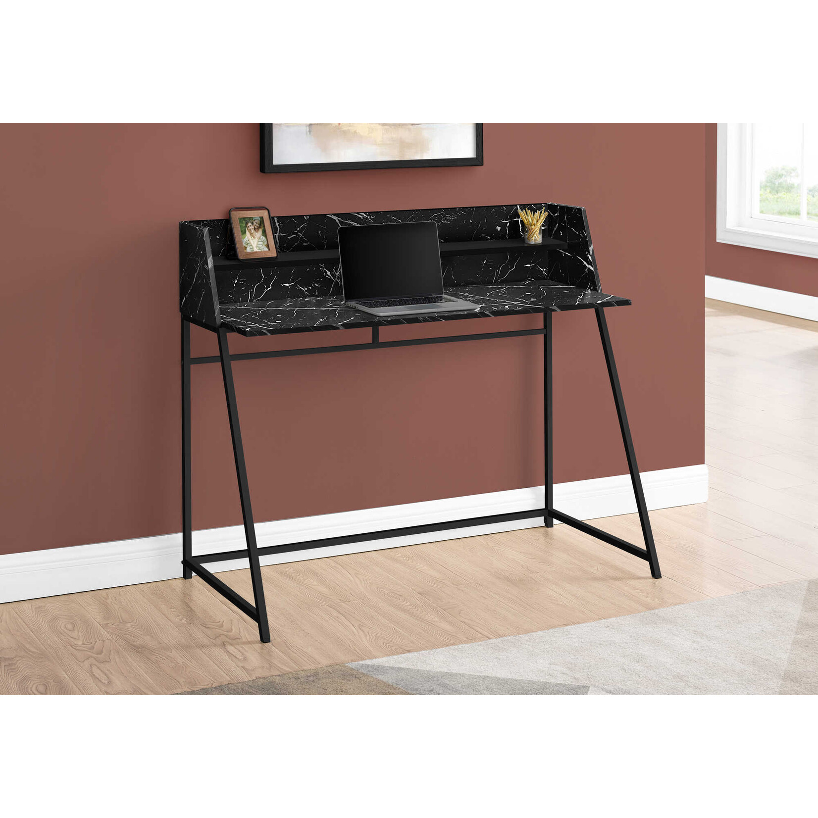 COMPUTER DESK - 48"L / BLACK MARBLE-LOOK / BLACK METAL