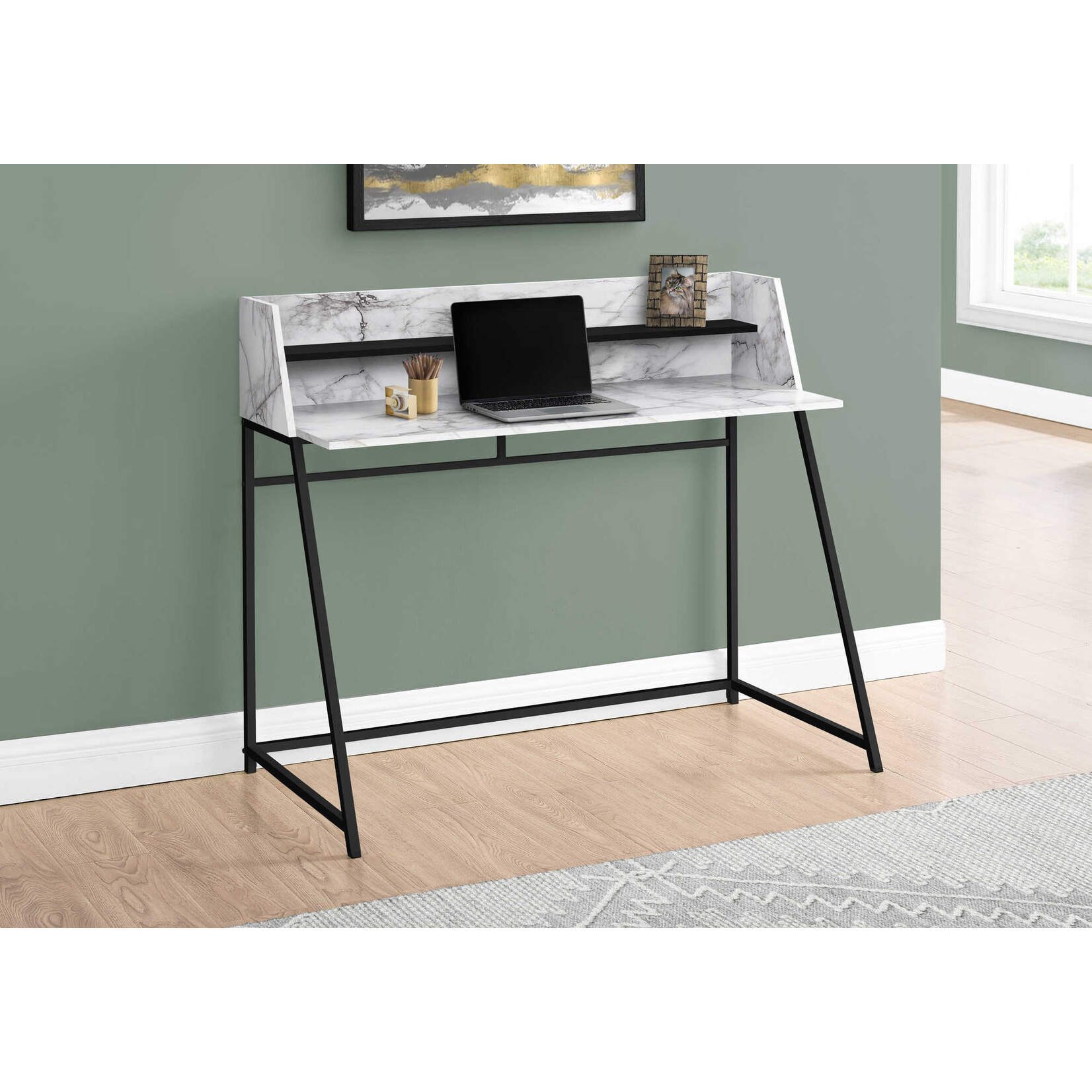 COMPUTER DESK - 48"L / WHITE MARBLE-LOOK / BLACK METAL
