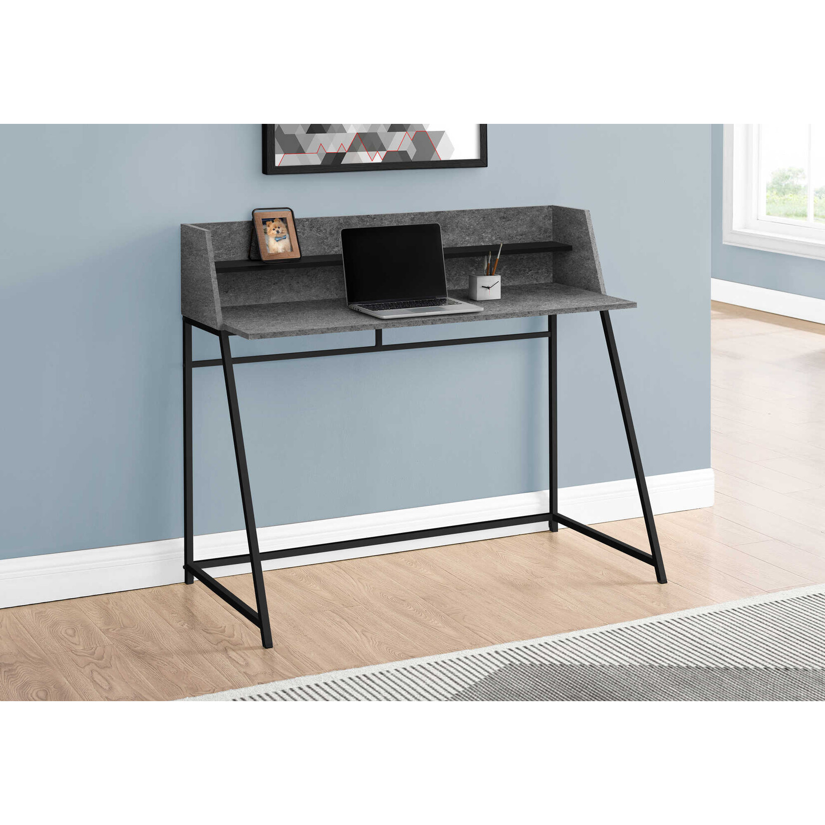 COMPUTER DESK - 48"L / GREY STONE-LOOK / BLACK METAL