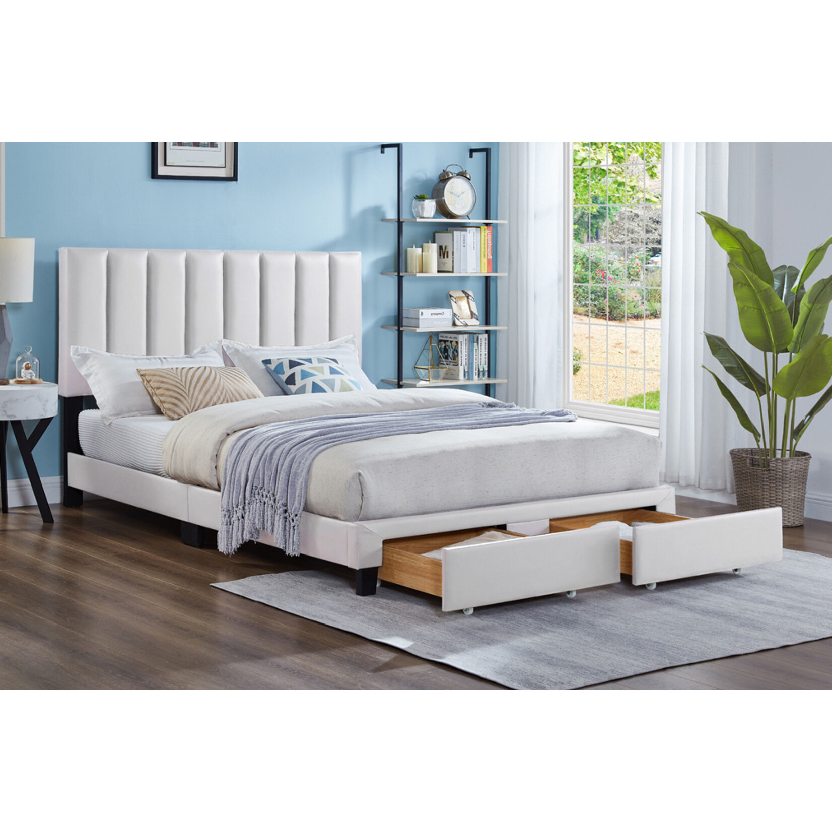 Upholstered Platform Bed with Storage, White