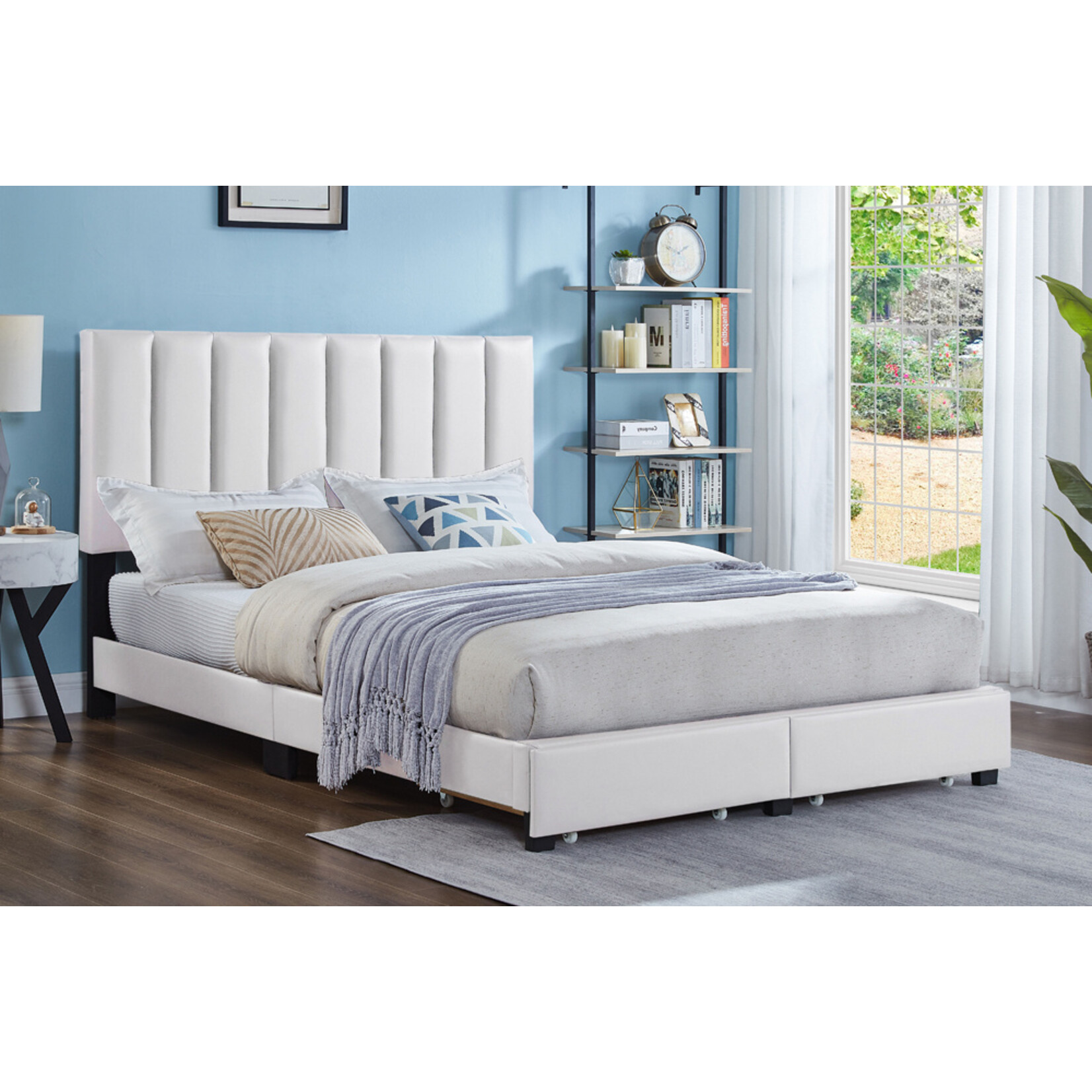 Upholstered Platform Bed with Storage, White