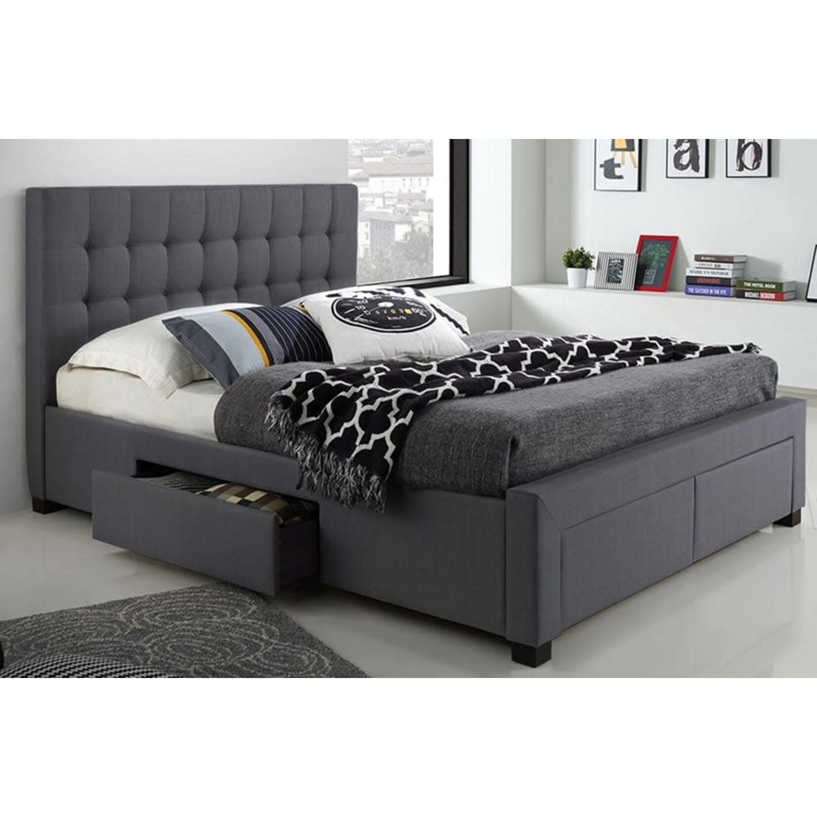 Grey Linen Upholstered Bed with Storage,