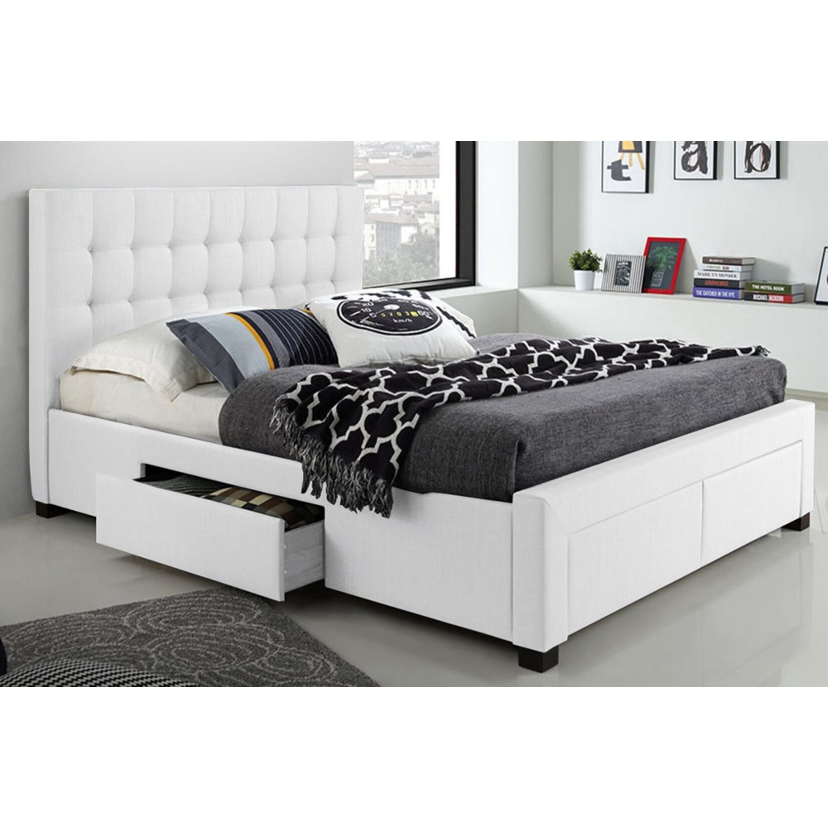 White Linen Upholstered Bed with Storage,