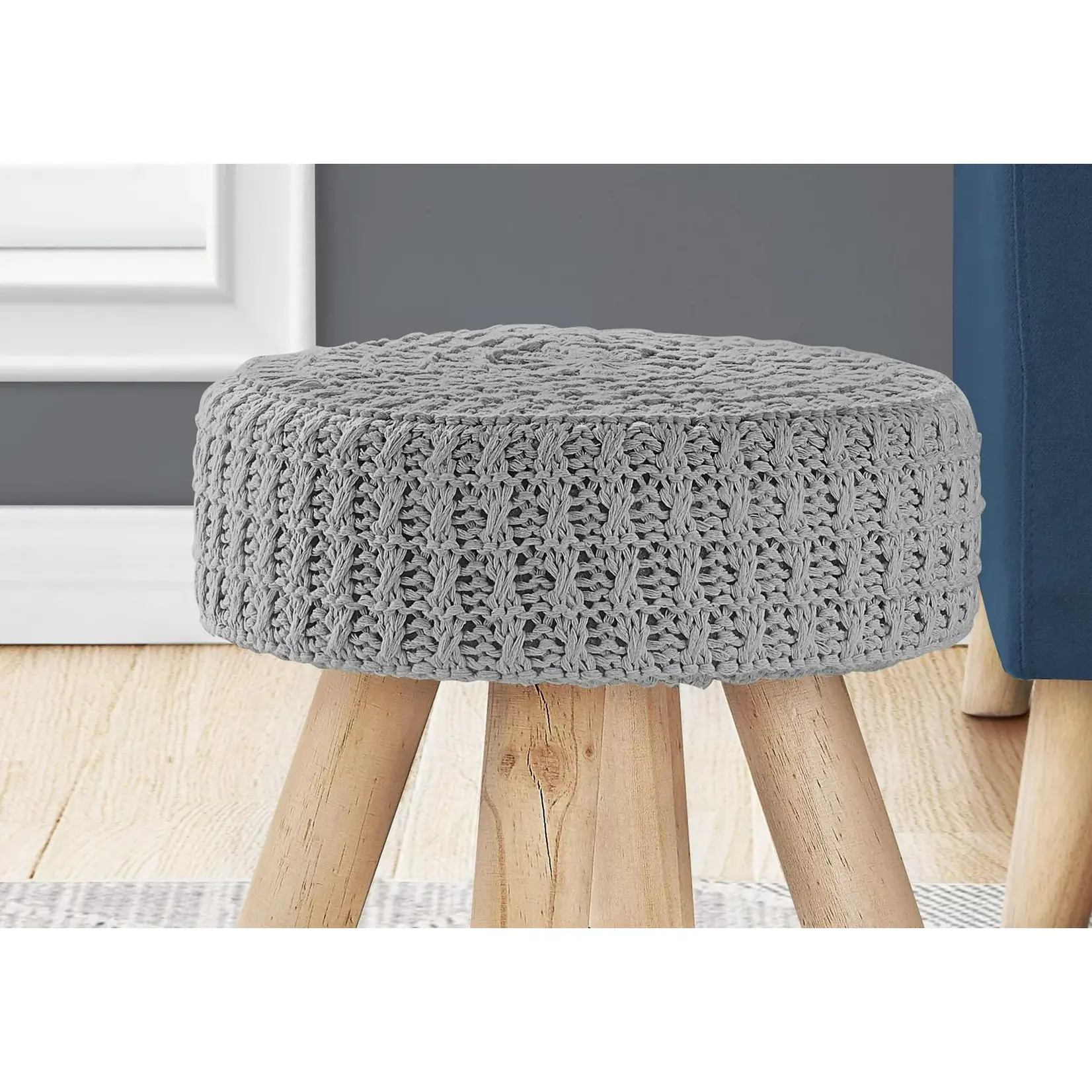 Ottoman, Pouf, Repose Pieds, Tabouret, 12" Rond, Velours, Pattes En Bois, Gris, Naturel, Contemporain, Moderne