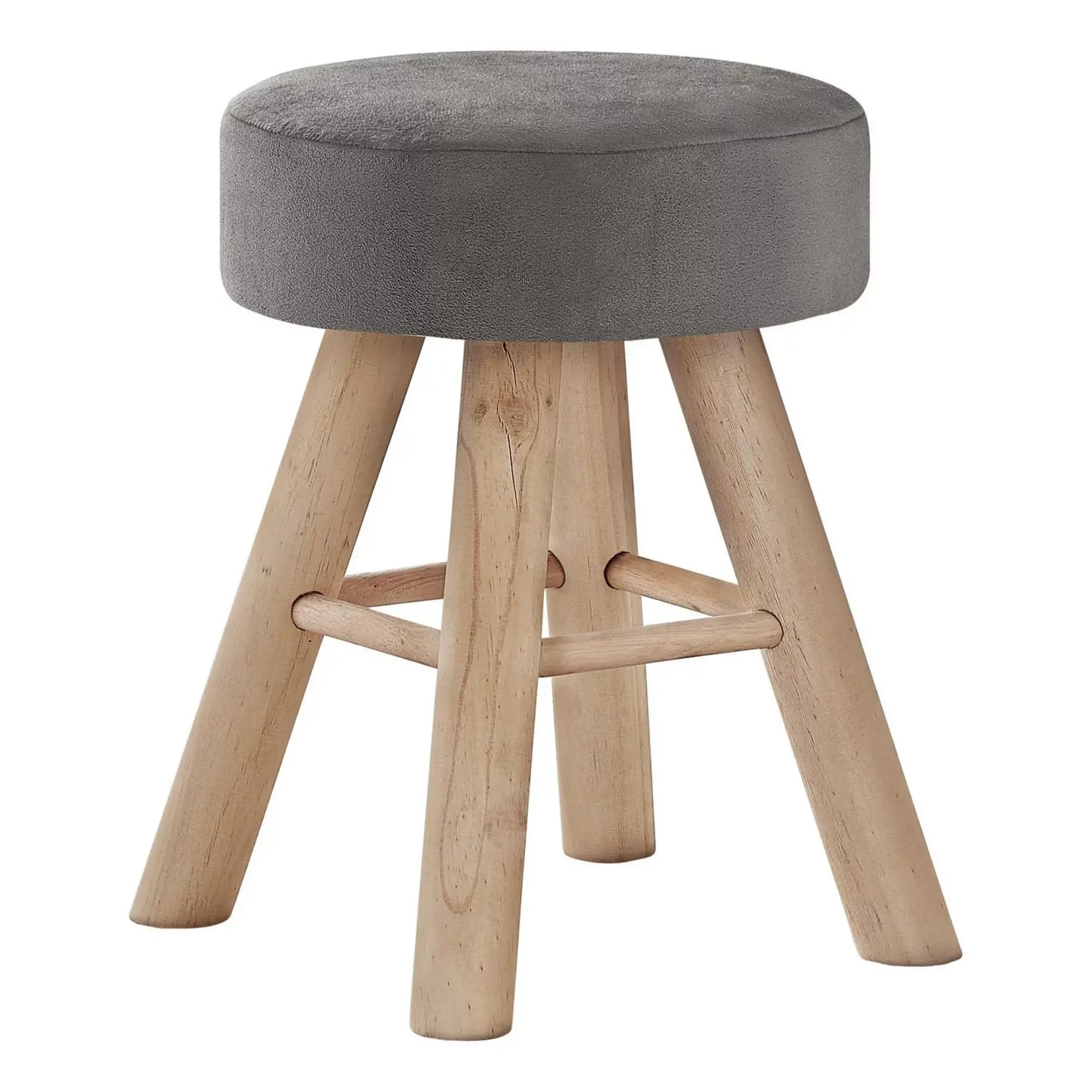 Ottoman, Pouf, Footrest, Foot Stool, 12" Round, Velvet, Wood Legs, Grey, Natural, Contemporary, Modern