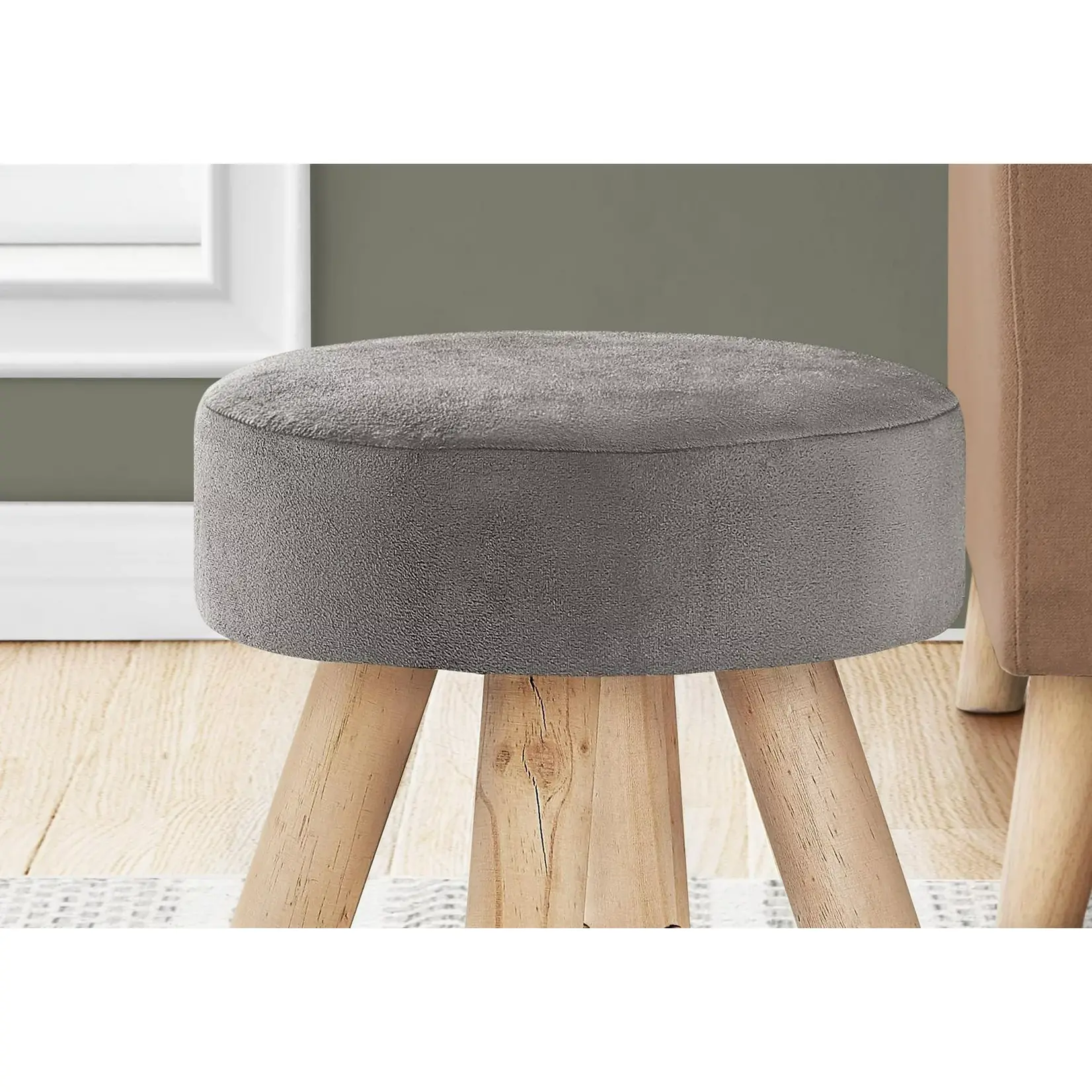 Ottoman, Pouf, Repose Pieds, Tabouret, 12" Rond, Velours, Pattes En Bois, Gris, Naturel, Contemporain, Moderne