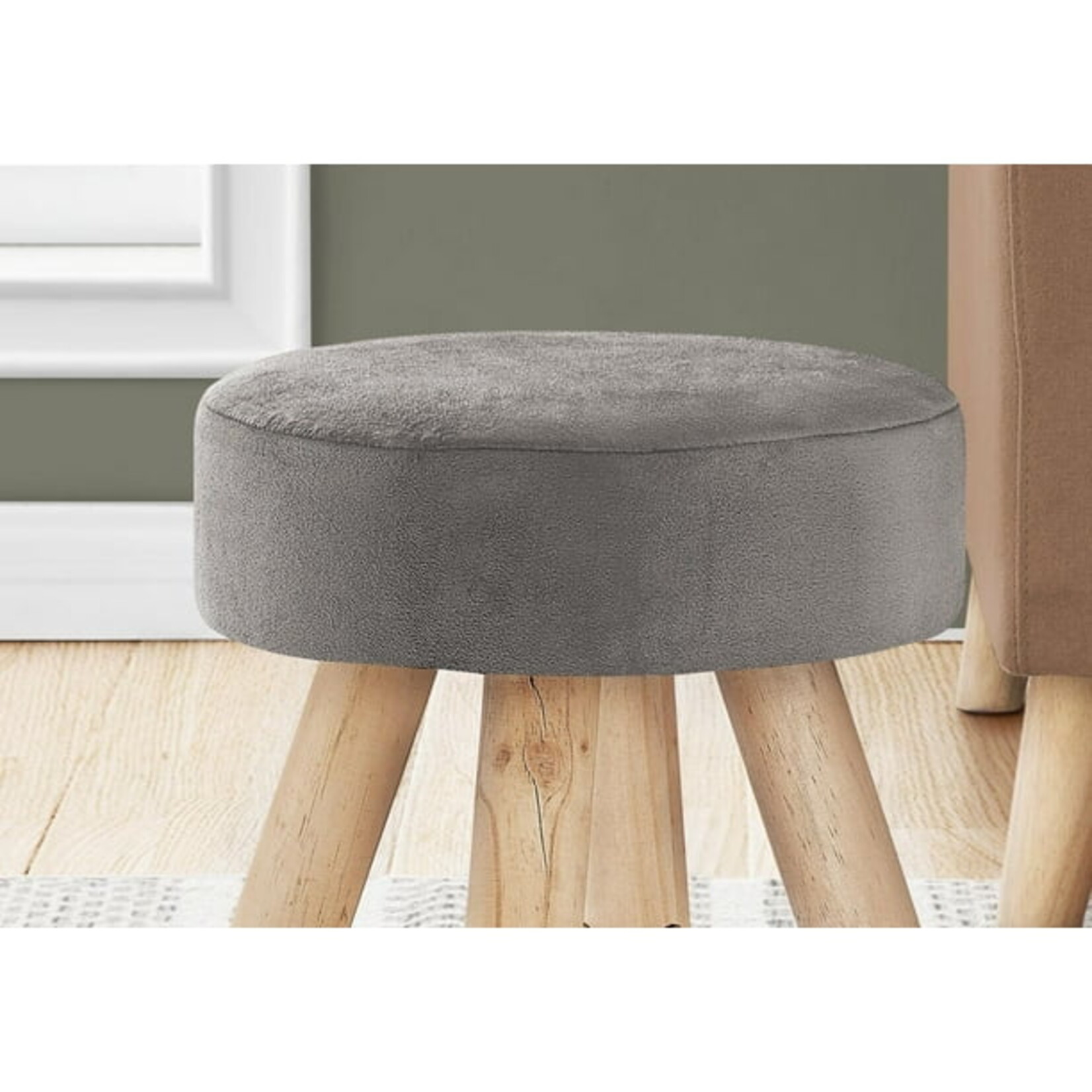 Ottoman, Pouf, Repose Pieds, Tabouret, 12" Rond, Velours, Pattes En Bois, Gris, Naturel, Contemporain, Moderne