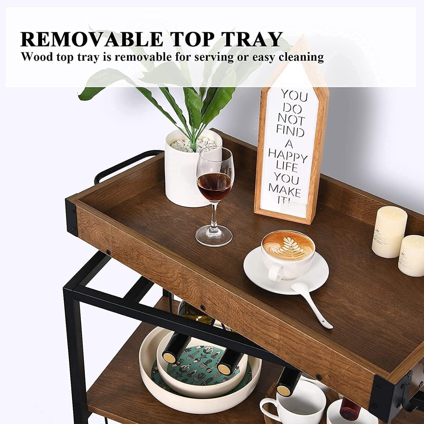 3-Tier Trolley Bar Cart Rustic