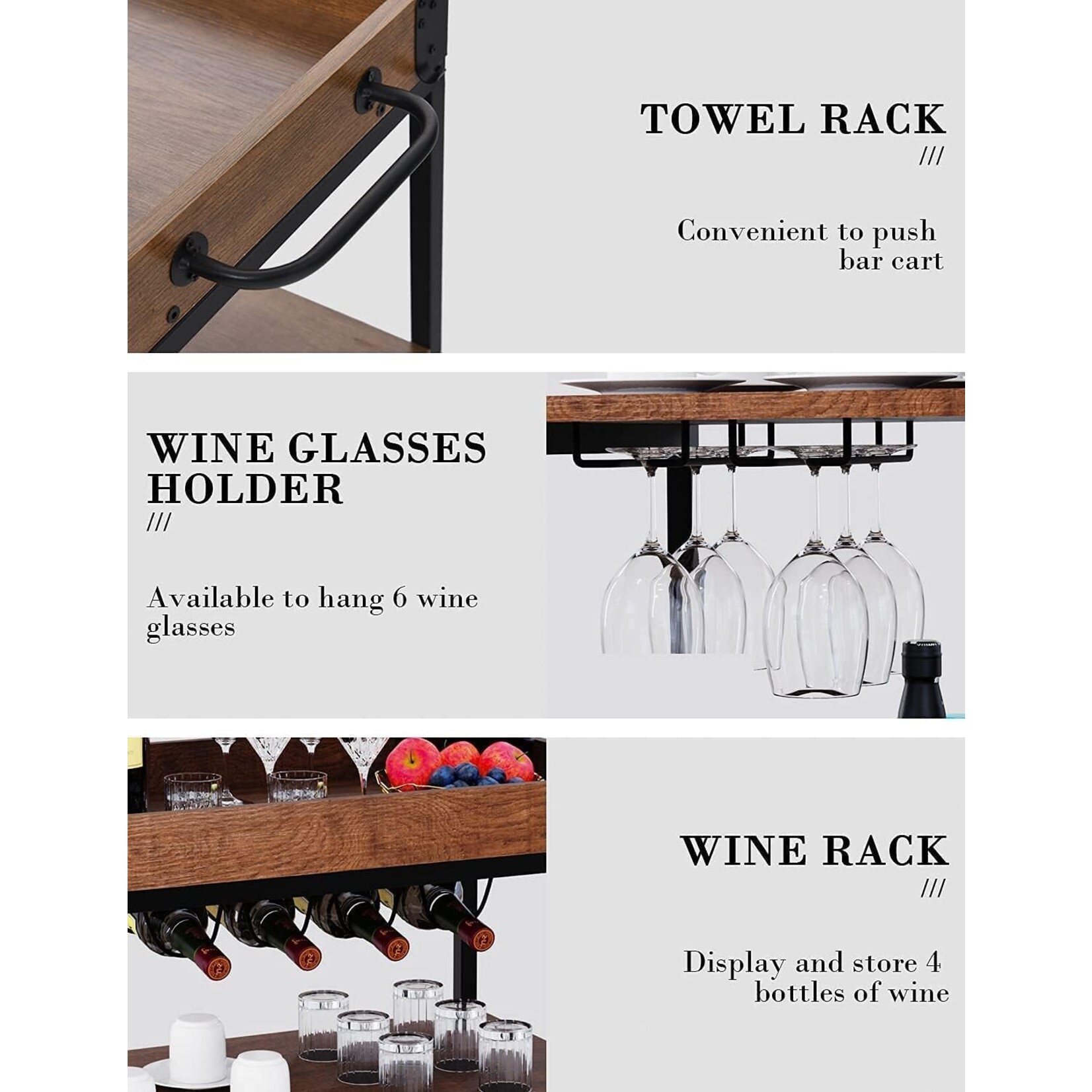 3-Tier Trolley Bar Cart Rustic