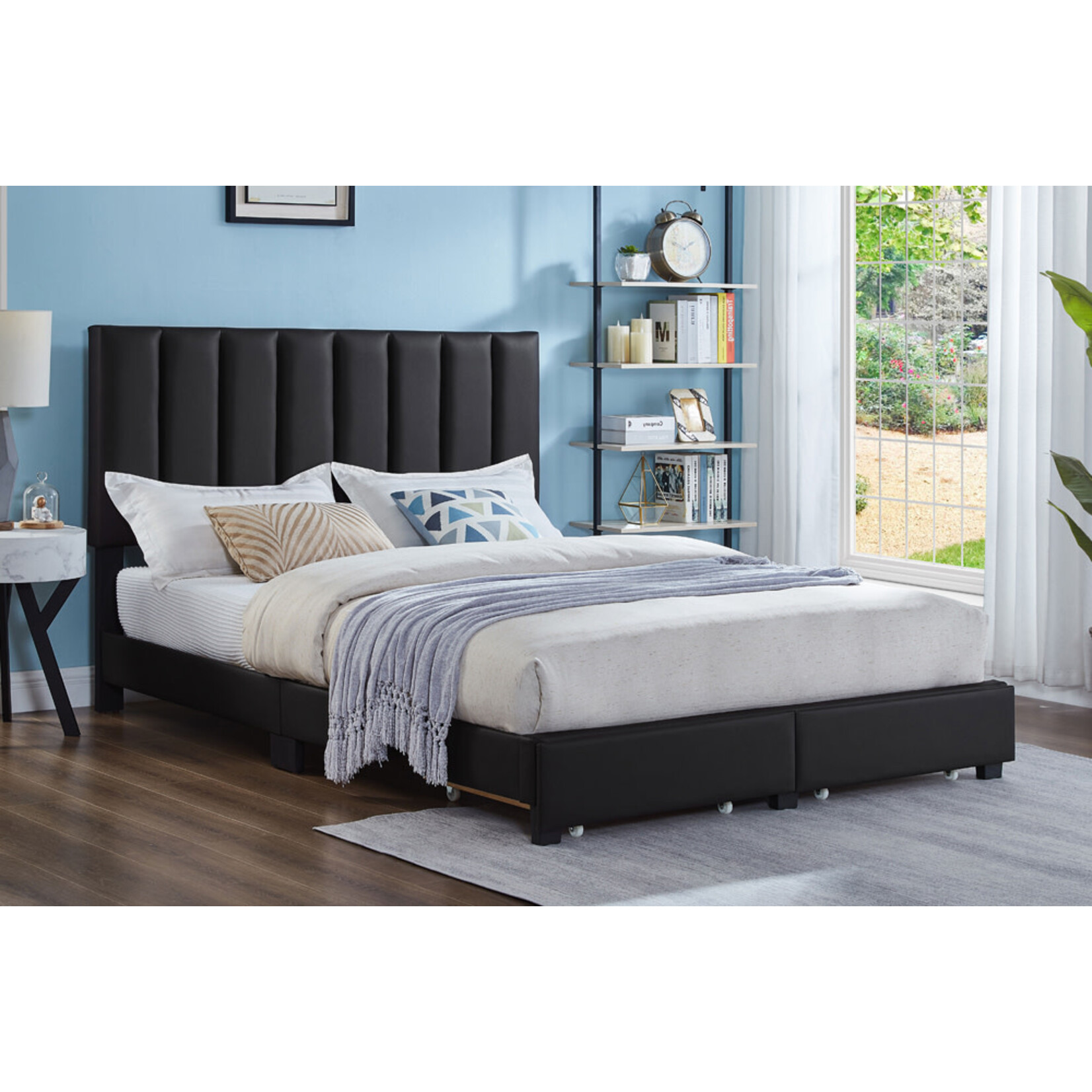 Upholstered Platform Bed with Storage, Black