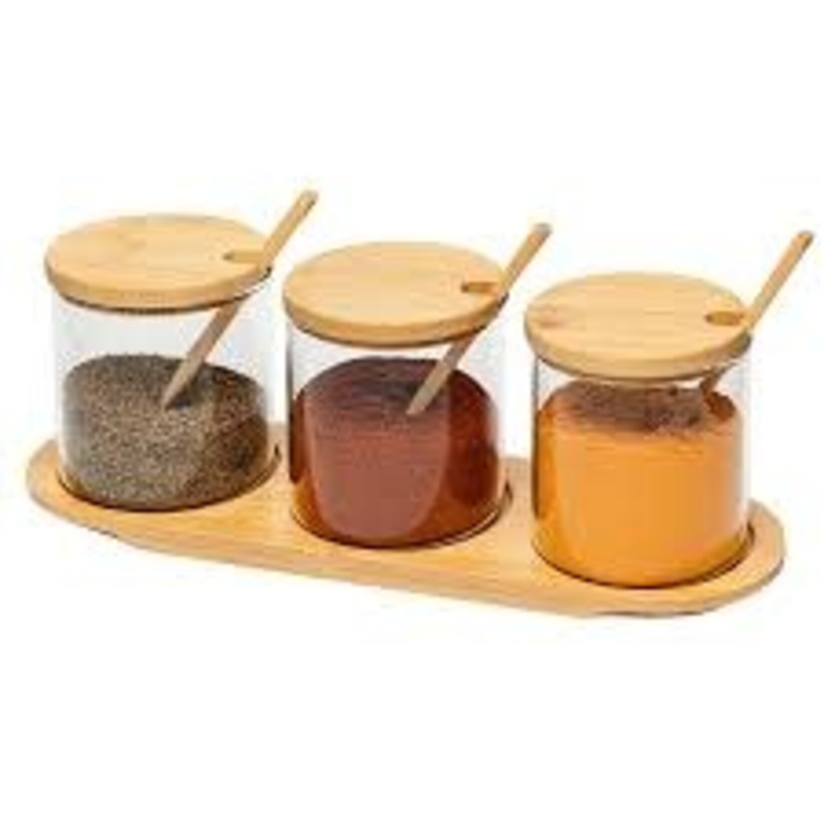 SET/3 Gass Jars W/Bamboo Lids Spoons & Tray