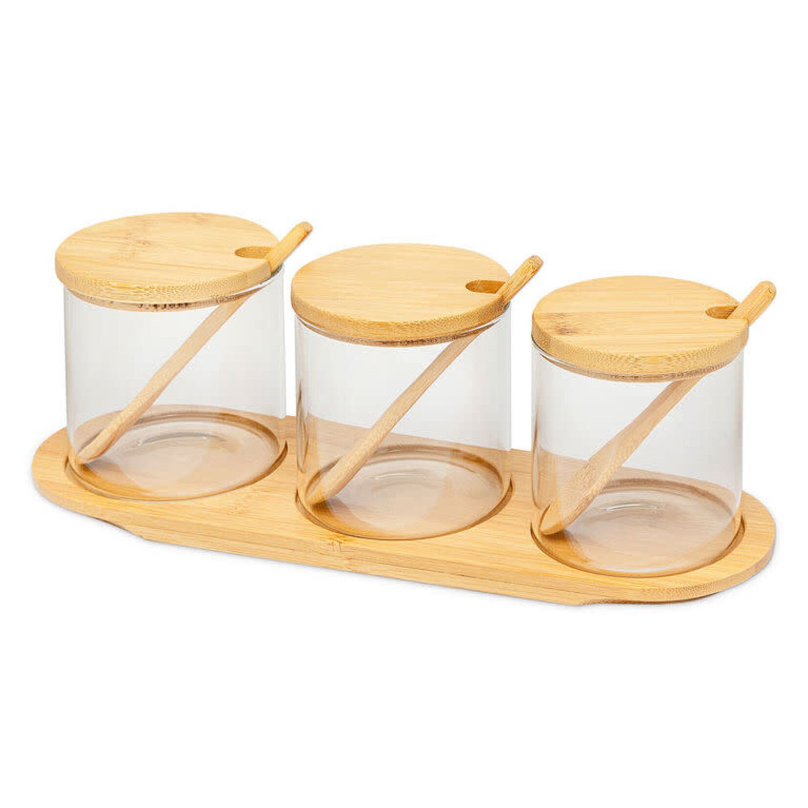 SET/3 Gass Jars W/Bamboo Lids Spoons & Tray