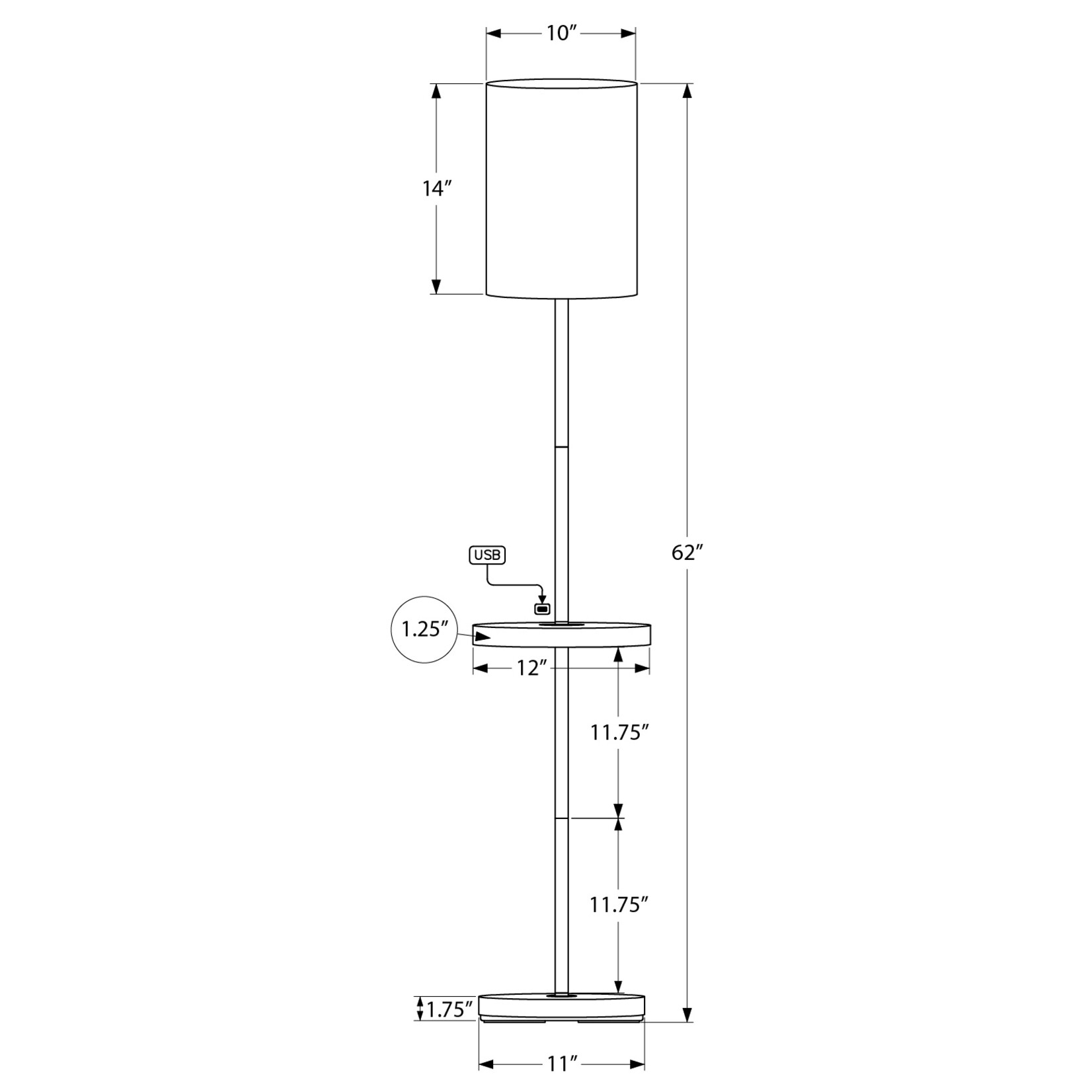 62in Lampe Sur Pied avec Table USB, Noir