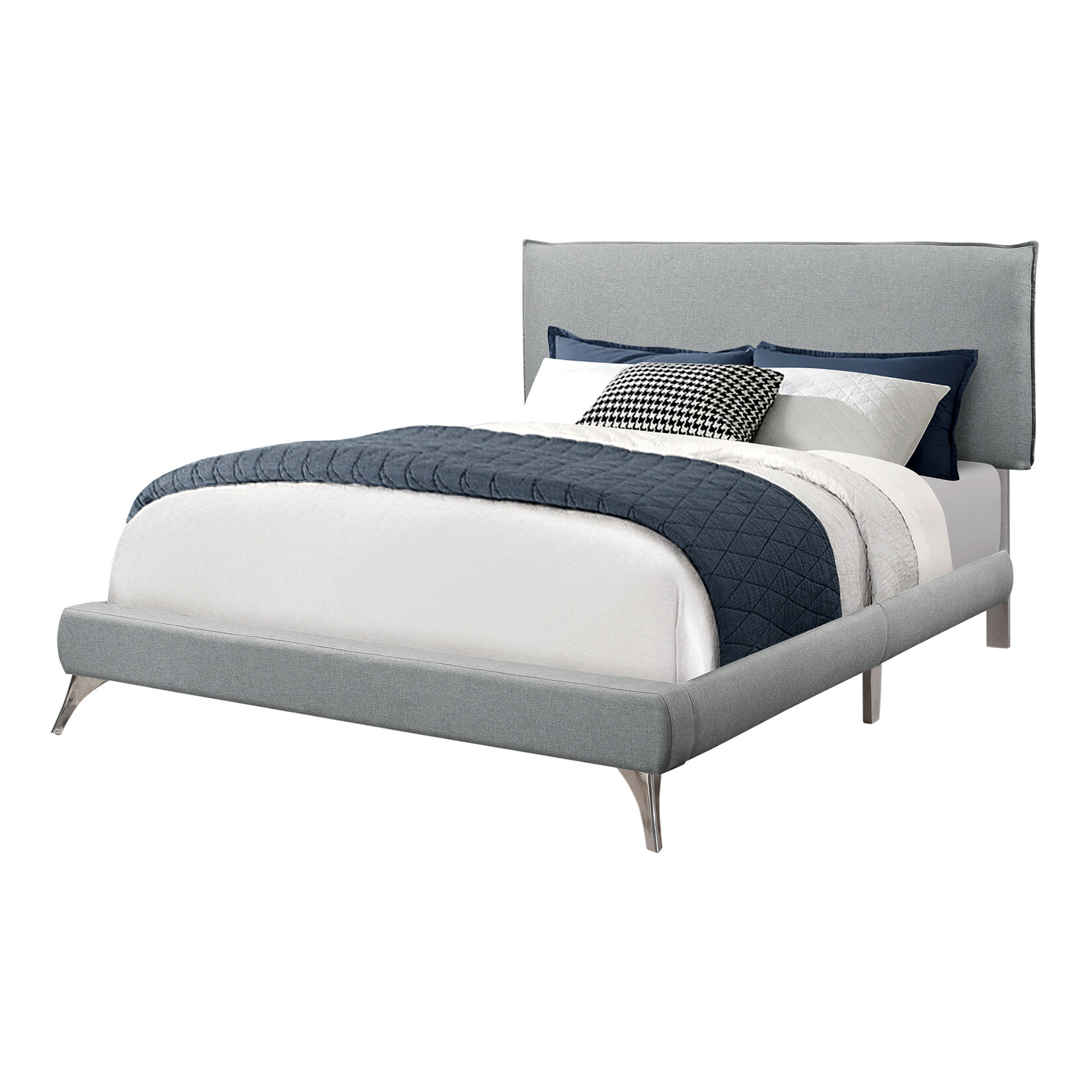 Queen Bed Grey Linen Frame with Chrome Legs