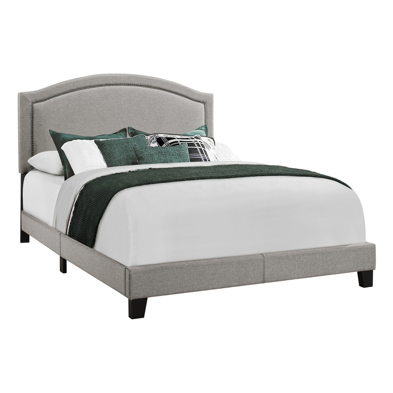 QUEEN GREY LINEN BED FRAME WITH CHROME NAIL TRIM