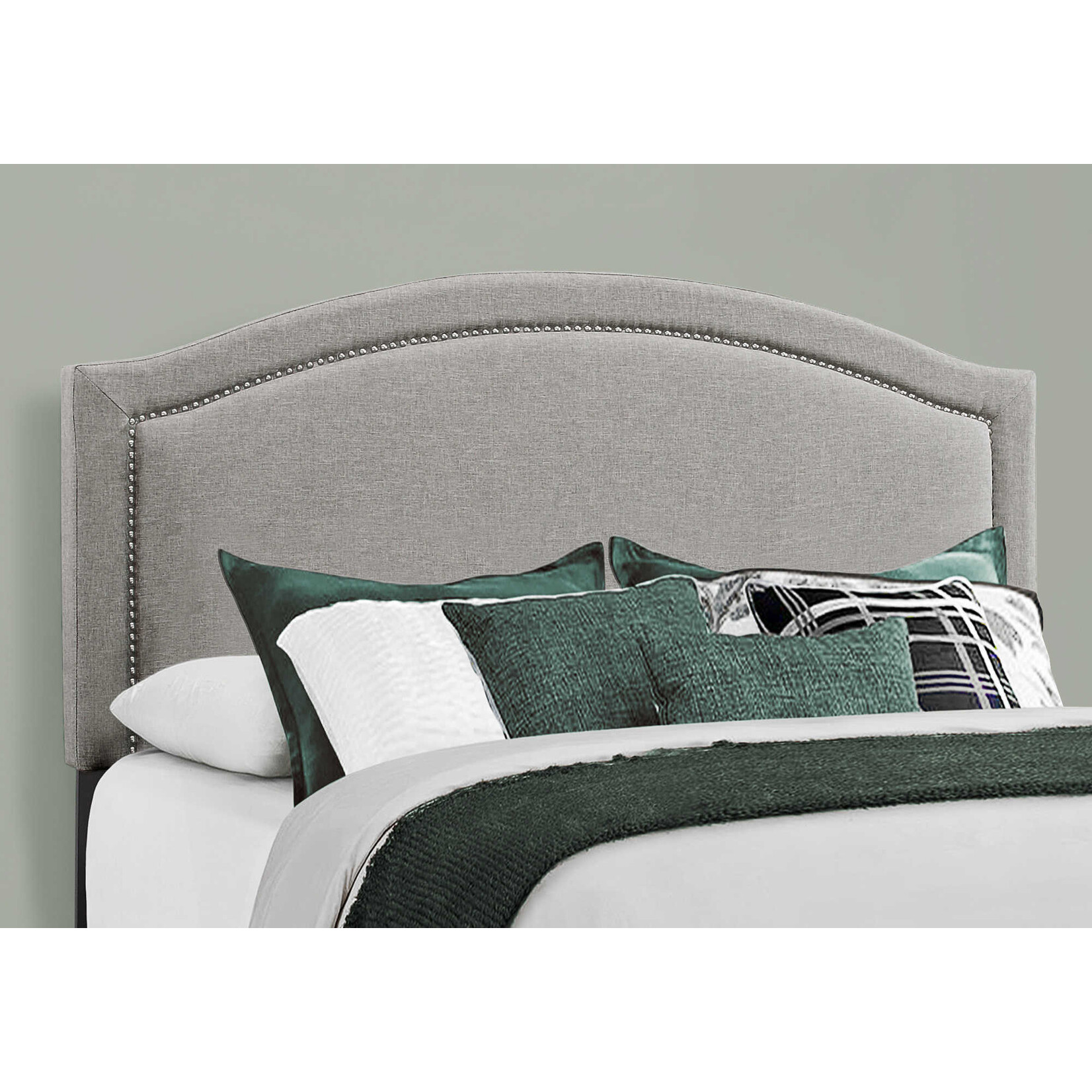 QUEEN GREY LINEN BED FRAME WITH CHROME NAIL TRIM