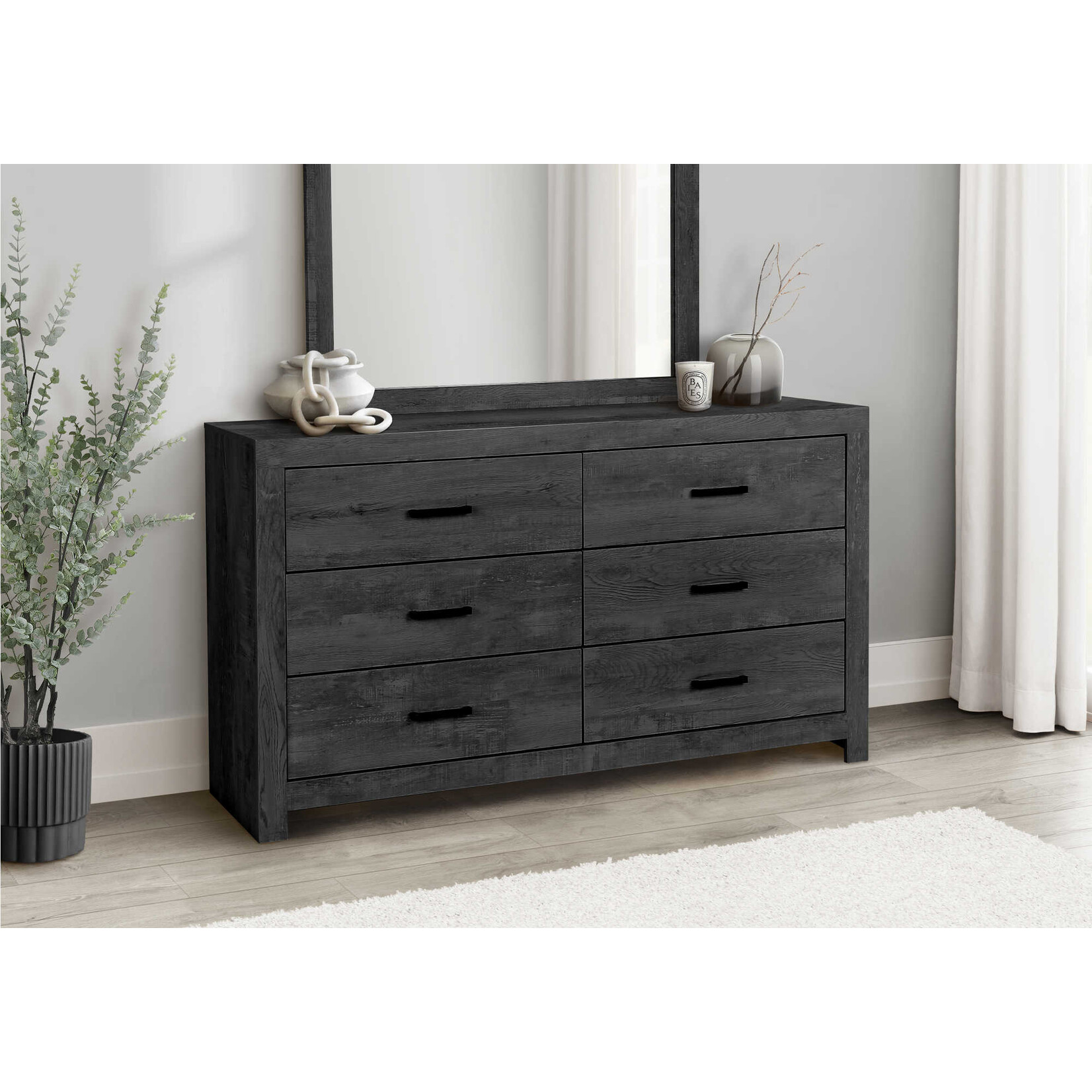 6 DRAWER DRESSER - GRAPHITE GREY WOOD FINISH