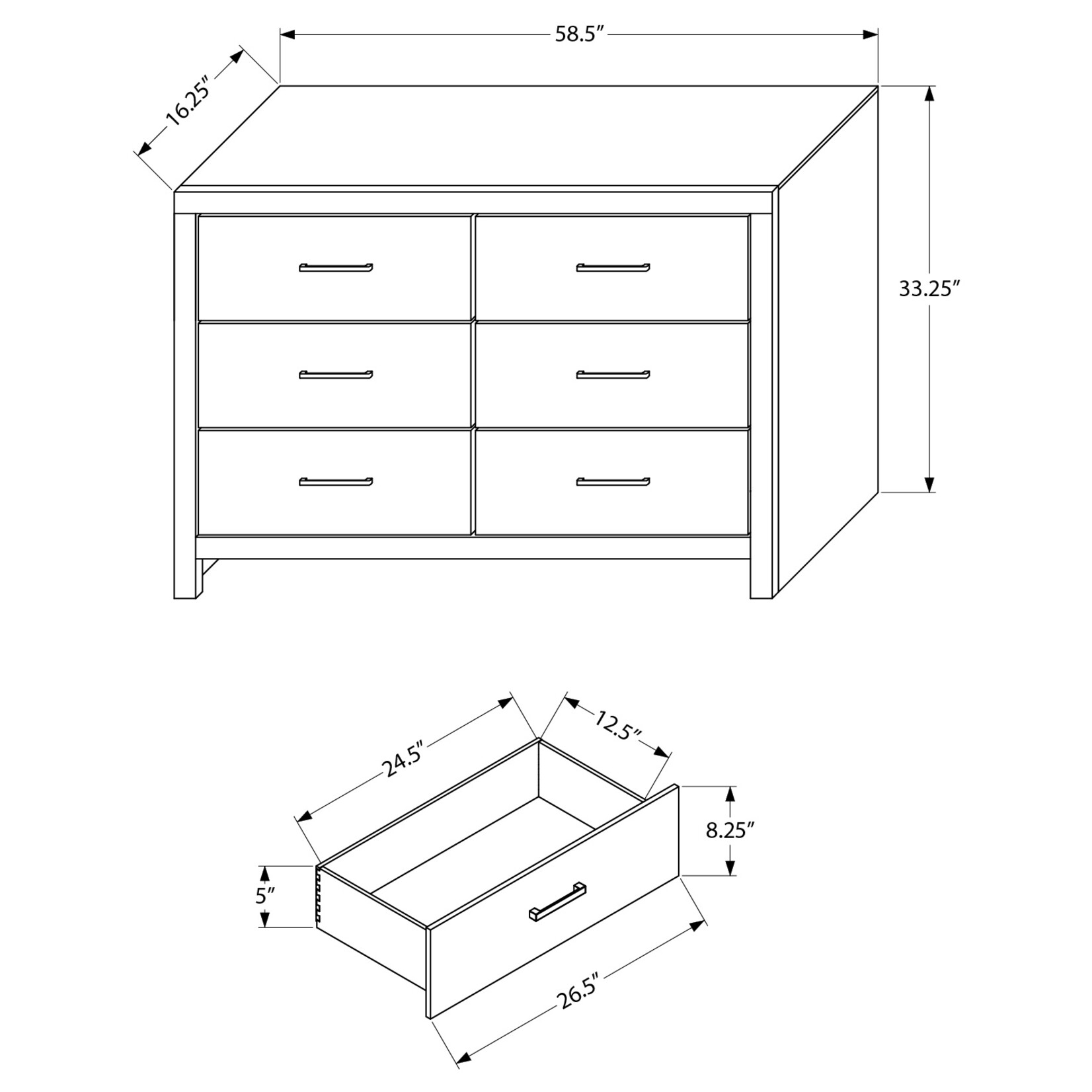 6 DRAWER DRESSER - GRAPHITE GREY WOOD FINISH