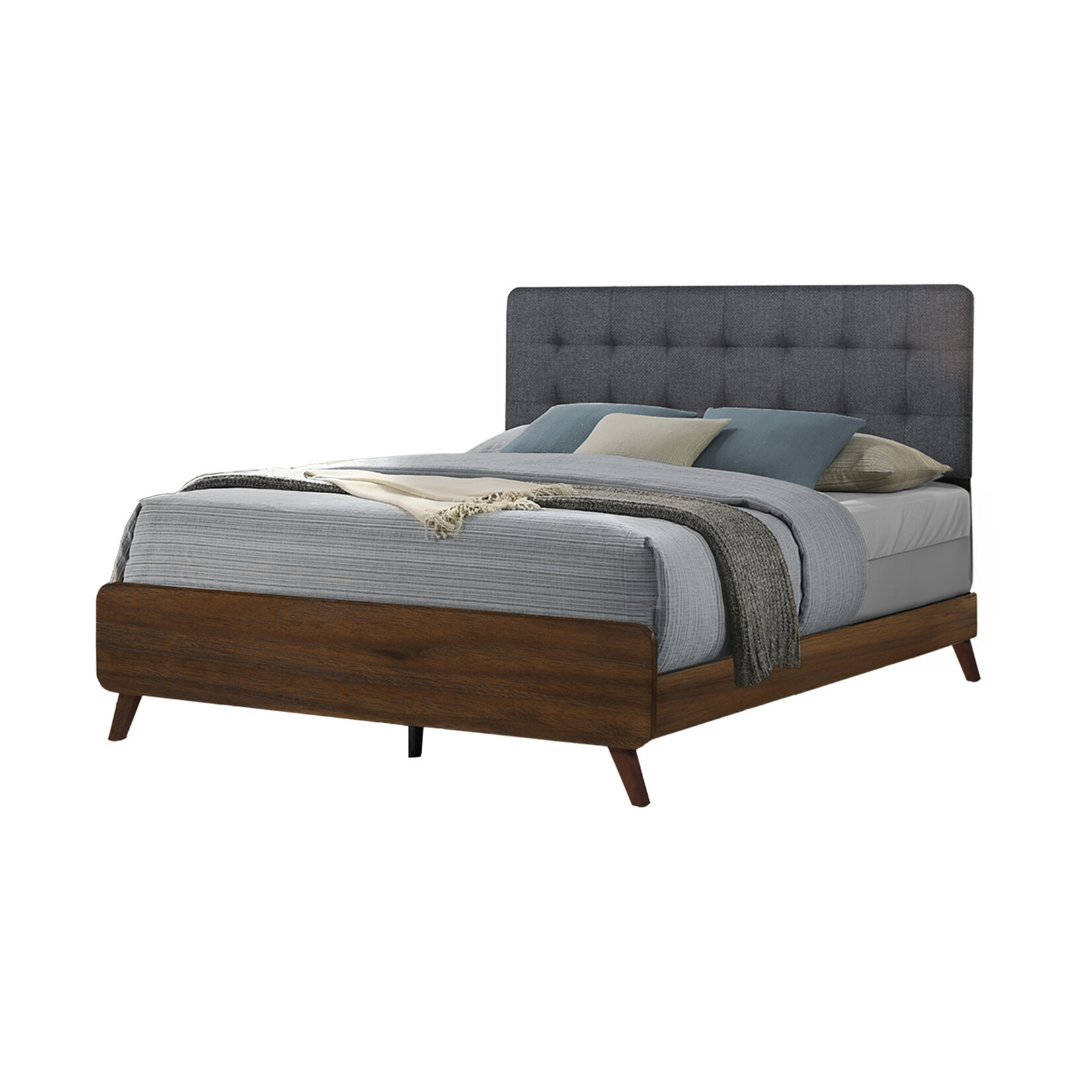 QUEEN SIZE BED - GREY FABRIC WALNUT FINISH