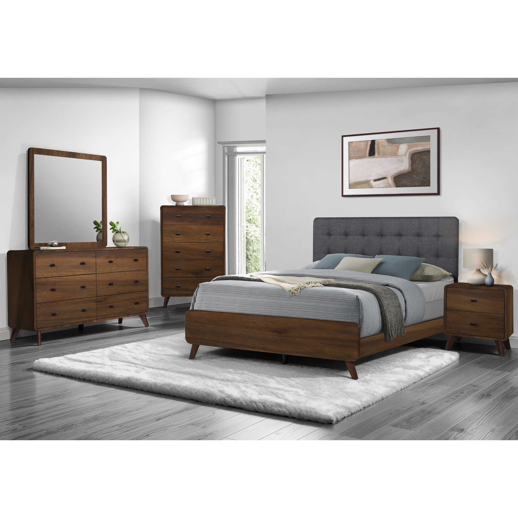 QUEEN SIZE BED - GREY FABRIC WALNUT FINISH