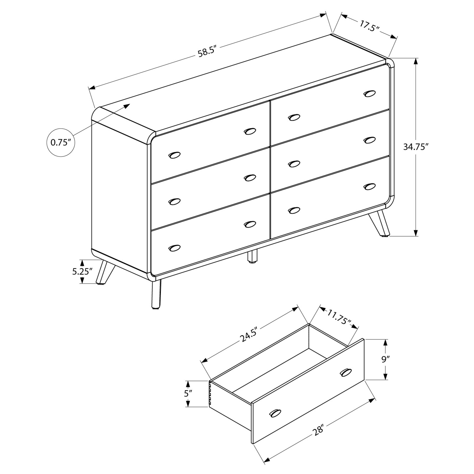 6 DRAWER DRESSER - WALNUT FINISH