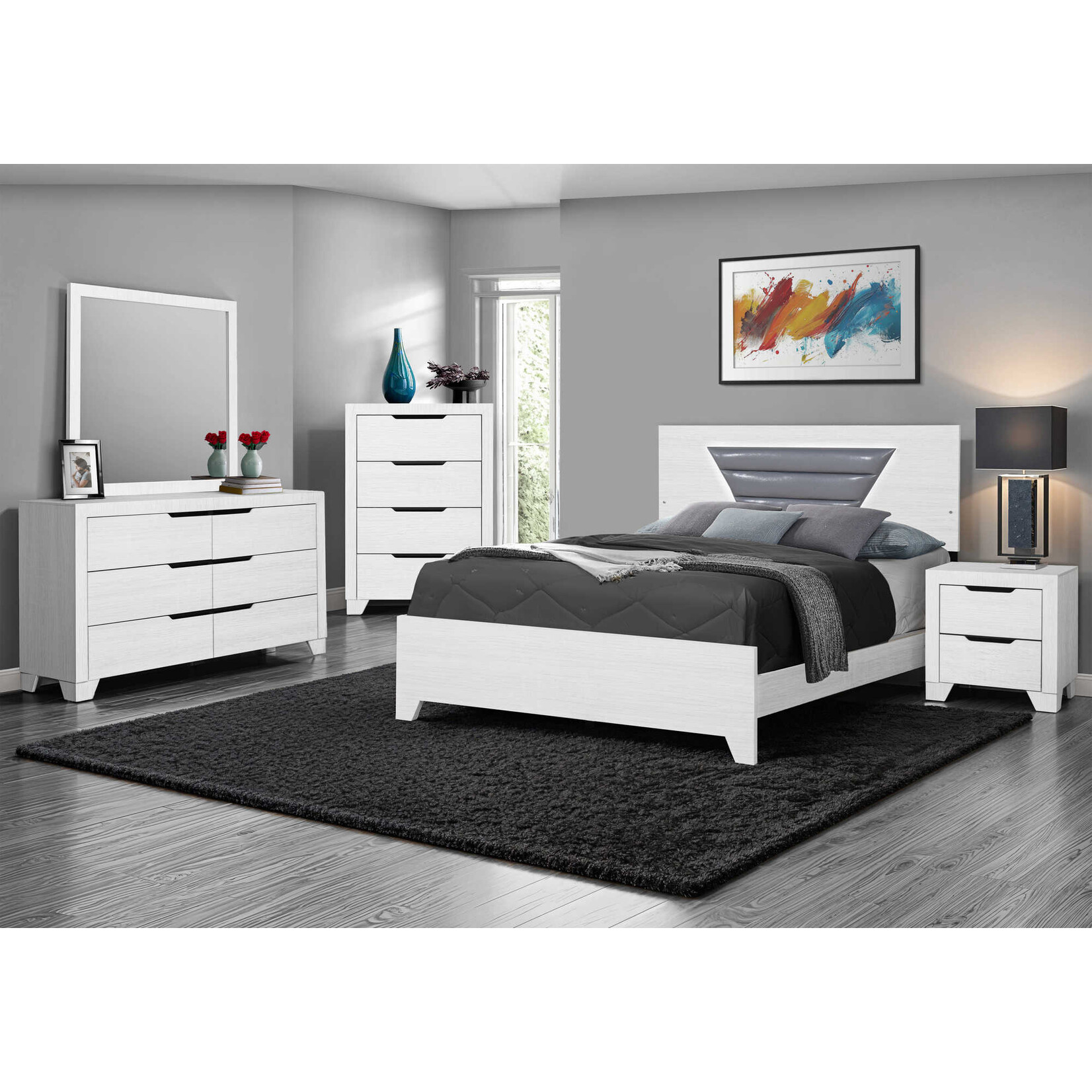 QUEEN SIZE BED WITH LED LIGHT GREY PU - WHITE FINISH
