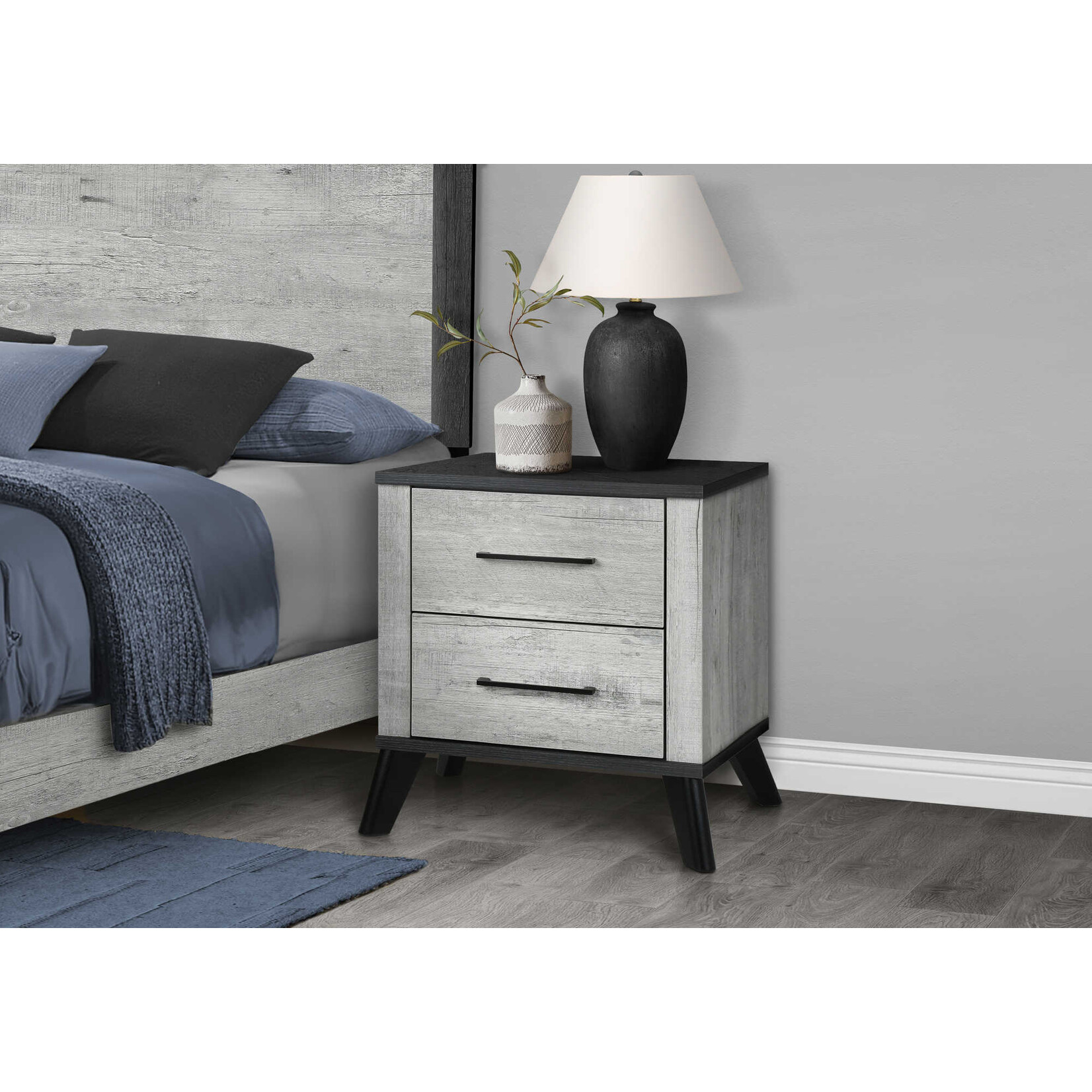 TABLE DE CHEVET 2 TIROIRS/FAUX BOIS GRIS/DESSUS EN BOIS GRAPHITE