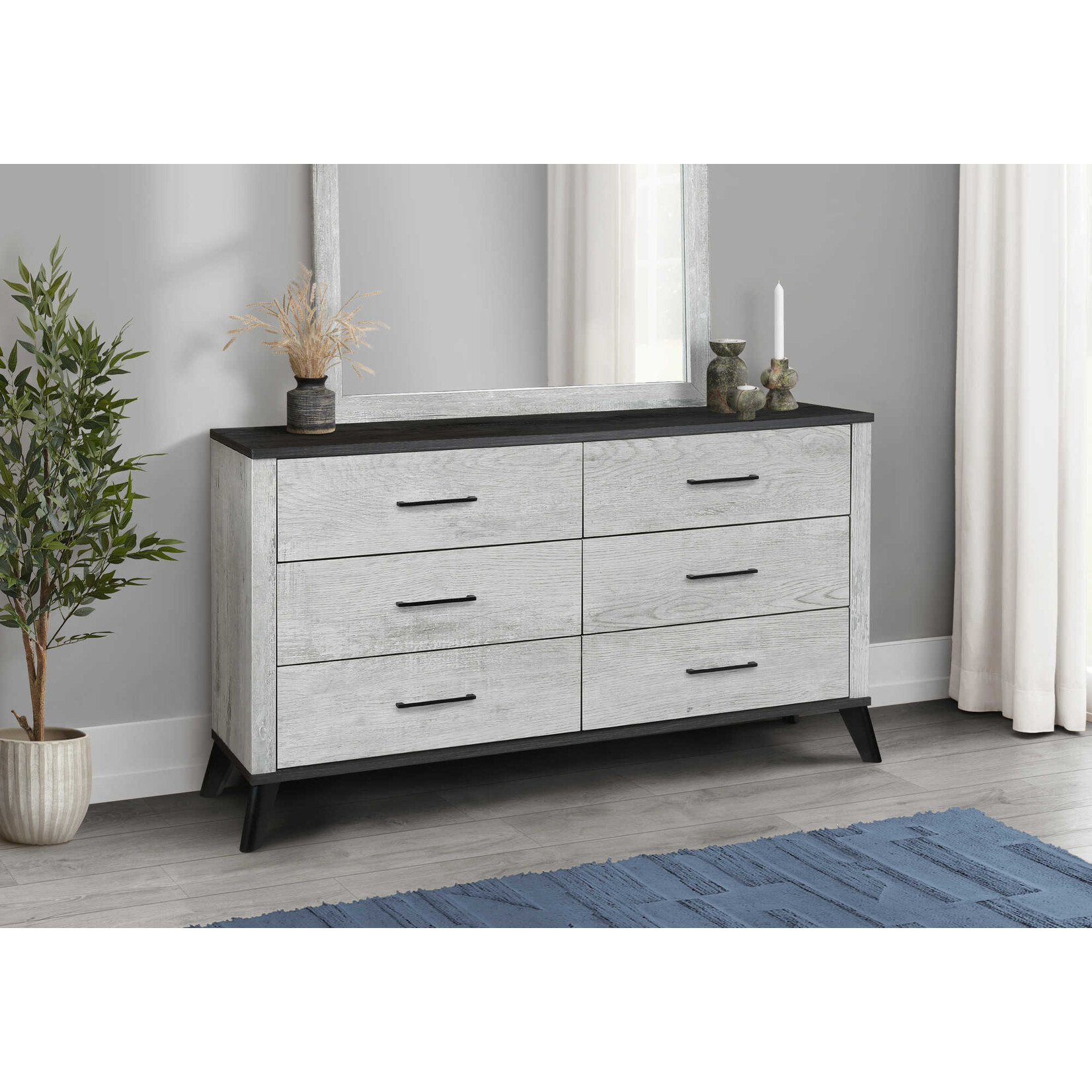 6 DRAWER DRESSER - GREY RECLAIMED - GRAPHITE WOOD TOP