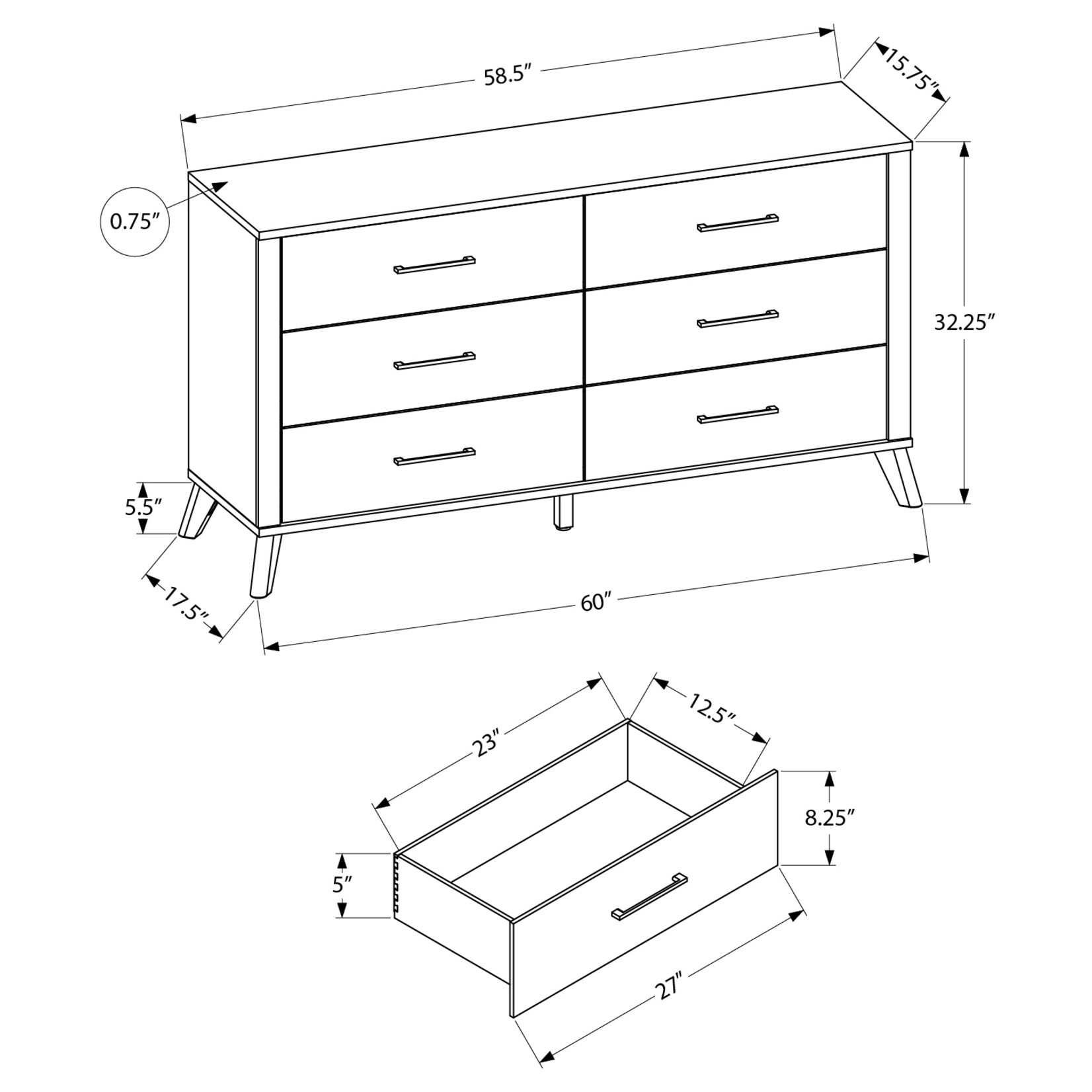 6 DRAWER DRESSER - GREY RECLAIMED - GRAPHITE WOOD TOP