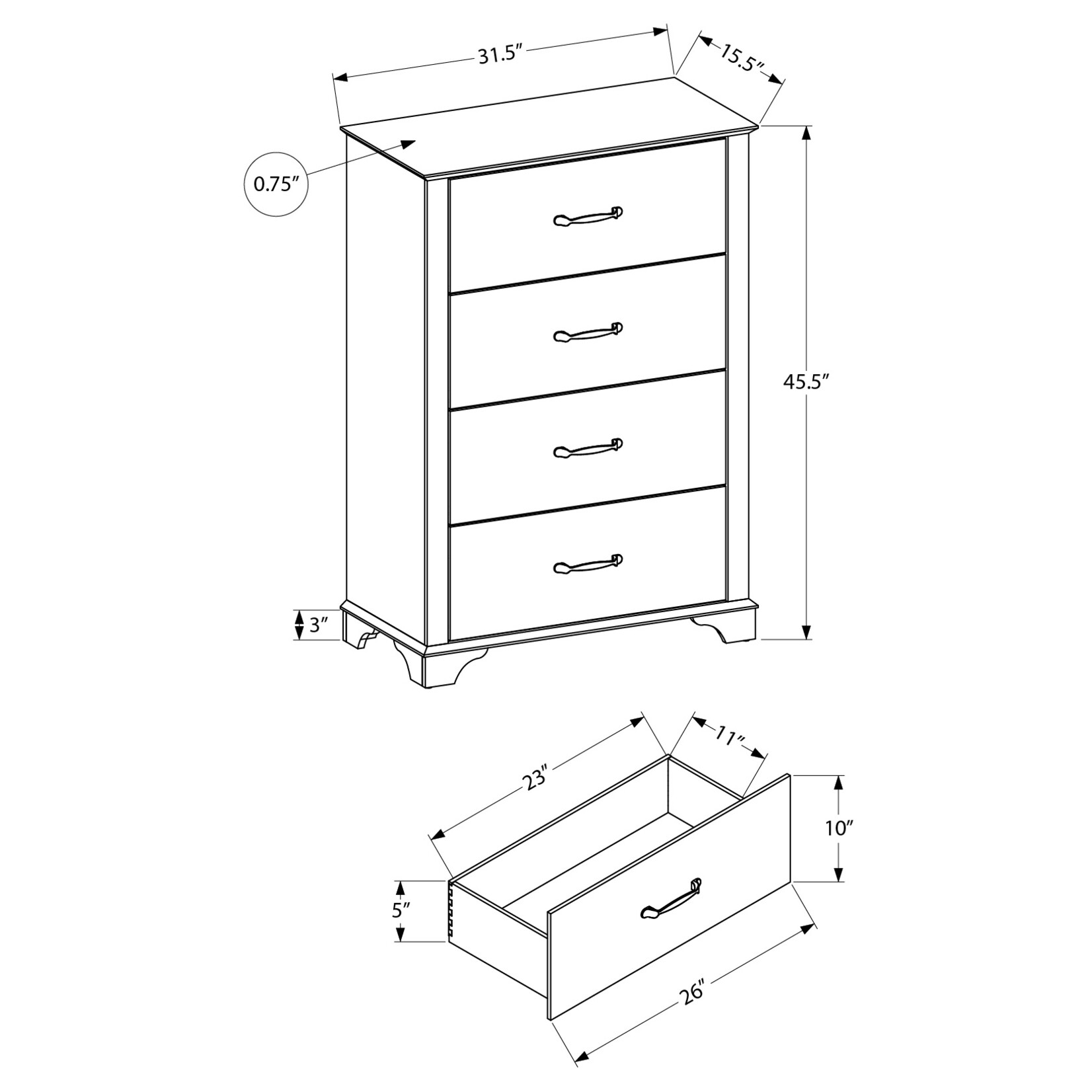4 DRAWER CHEST - BLEACHED OAK FINISH - RUSTIC OAK TOP
