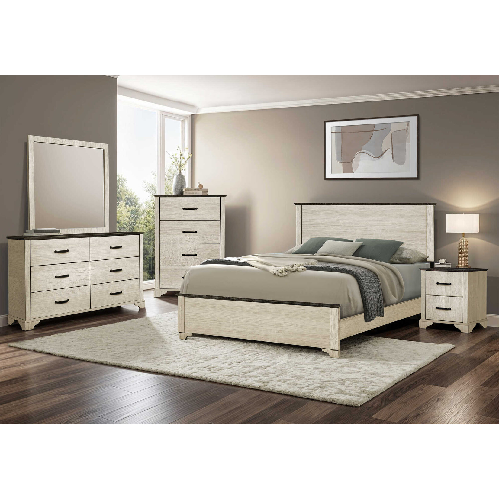 QUEEN SIZE BED - BLEACHED OAK FINISH - RUSTIC OAK TOP