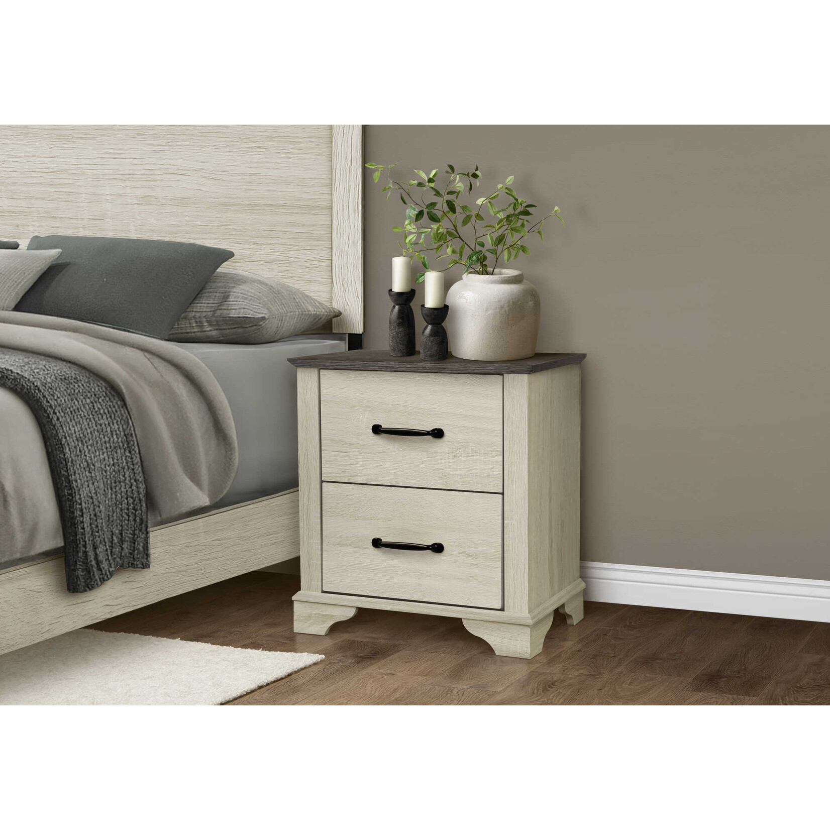 2 DRAWER NIGHTSTAND - BLEACHED OAK - RUSTIC OAK TOP