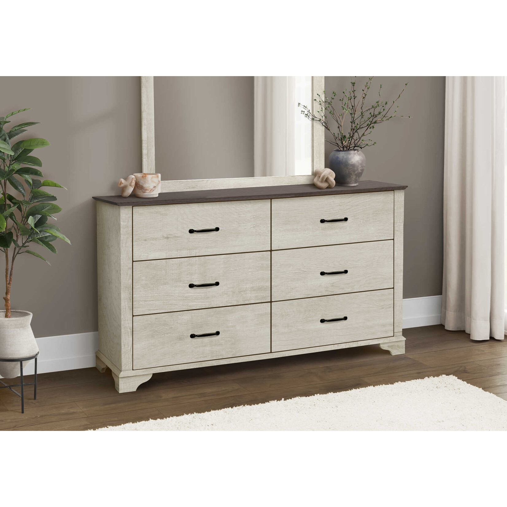 6 DRAWER DRESSER - BLEACHED OAK FINISH - RUSTIC OAK TOP